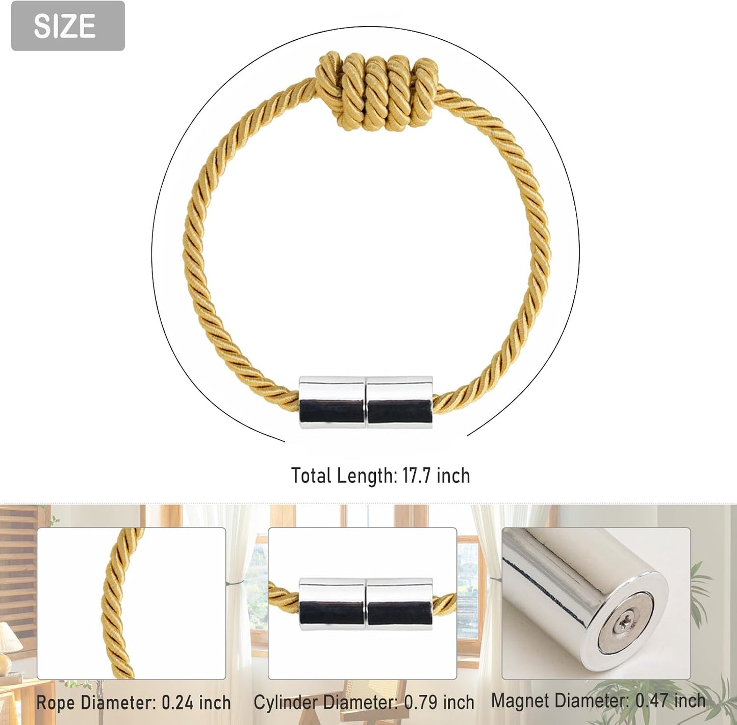 Curtain Tiebacks Magnetic Decorative Rope Tie Backs Holdbacks Contoeey | 8 Pack Gold Modern Elegant Window Treatment