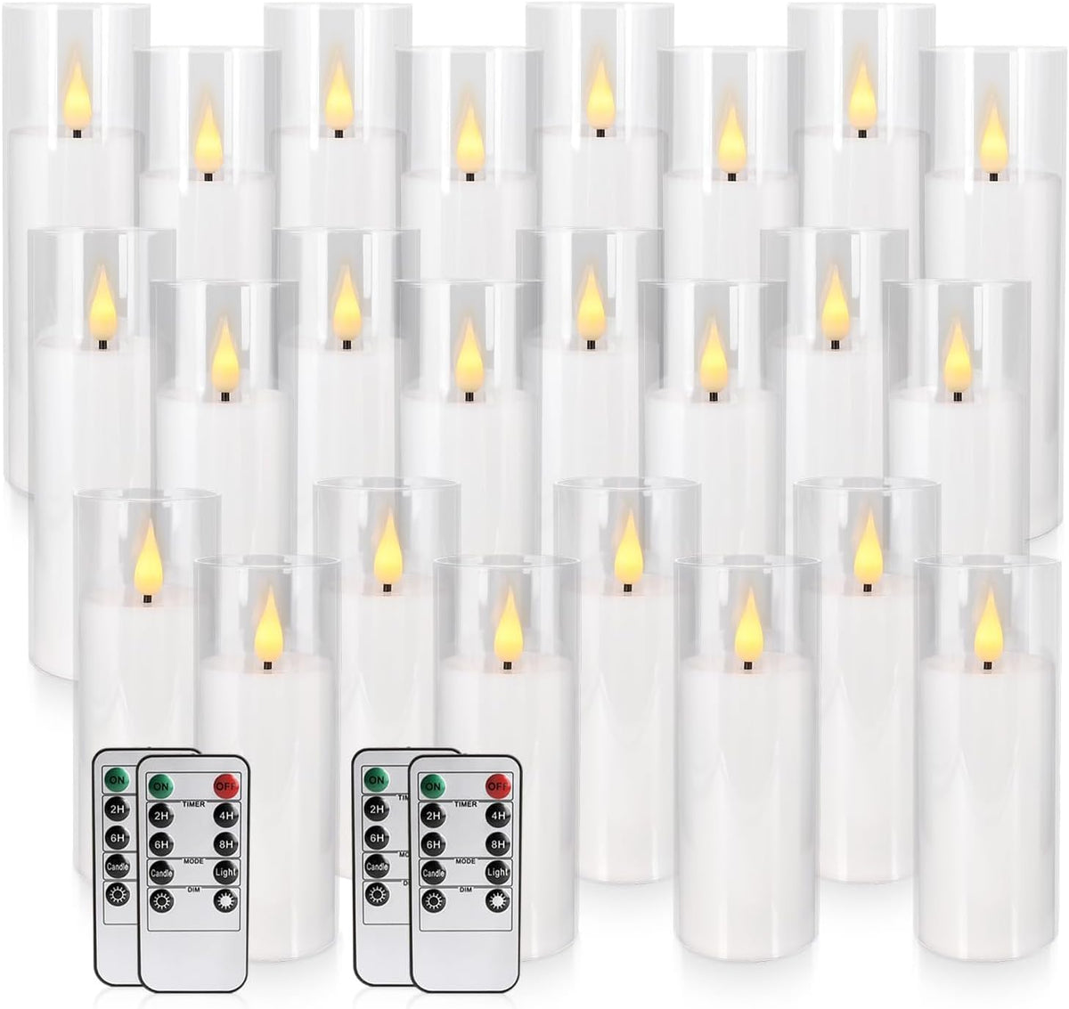 YOROXRG Set of 24 Flickering Flameless Candles Battery Operated with Remote and 2/4/6/8 H Timer Plexiglass Led Pillar