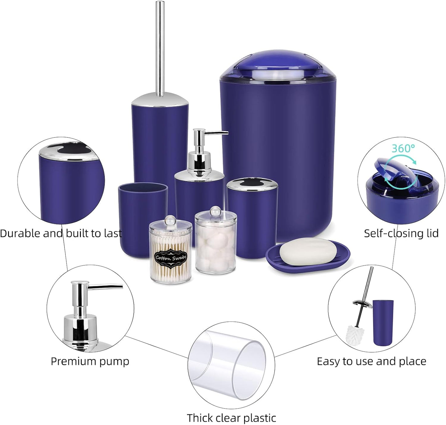 IMAVO Bathroom Accessories Set,Navy Blue Bathroom Set,9 Pieces Bathroom Accessory Set,Tray,Qtip Holders,Toilet