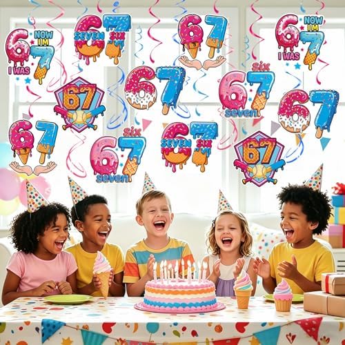 6 7 Birthday Hanging Swirl Decorations, 30Pcs Six Seven Party Ceiling Streamers for 6 7 Meme Ice Cream Birthday Party Supplies