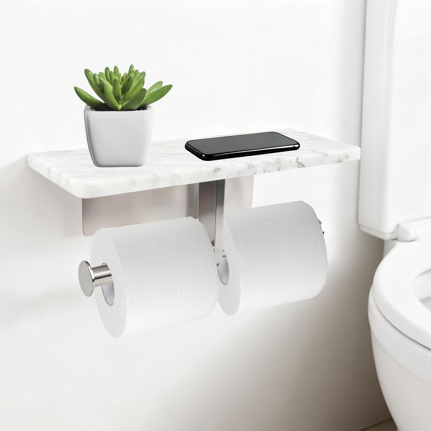 Toilet Paper Holder with Natural Marble Shelf for Bathroom Washroom,Wall Mounted Tissue Holder Suitable for Mega Roll