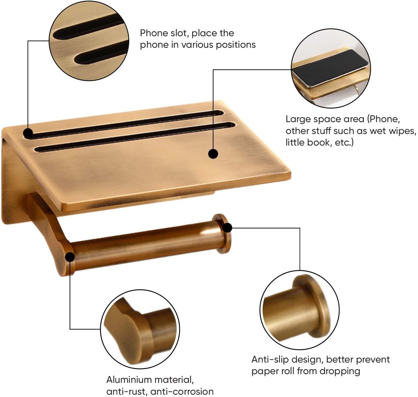 Toilet Paper Holder with Shelf, Aluminum Tissue Roll Dispenser with Mobile Phone Storage Shelf for Bathroom, 3M Self