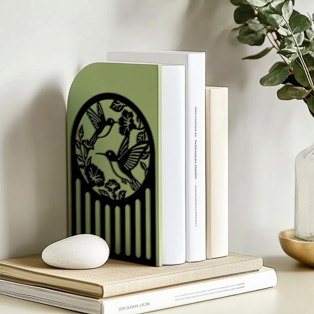 Metal Bookends / Modern Decorative Heavy Duty Study Book Ends Stoppers / Hummingbird and Flower