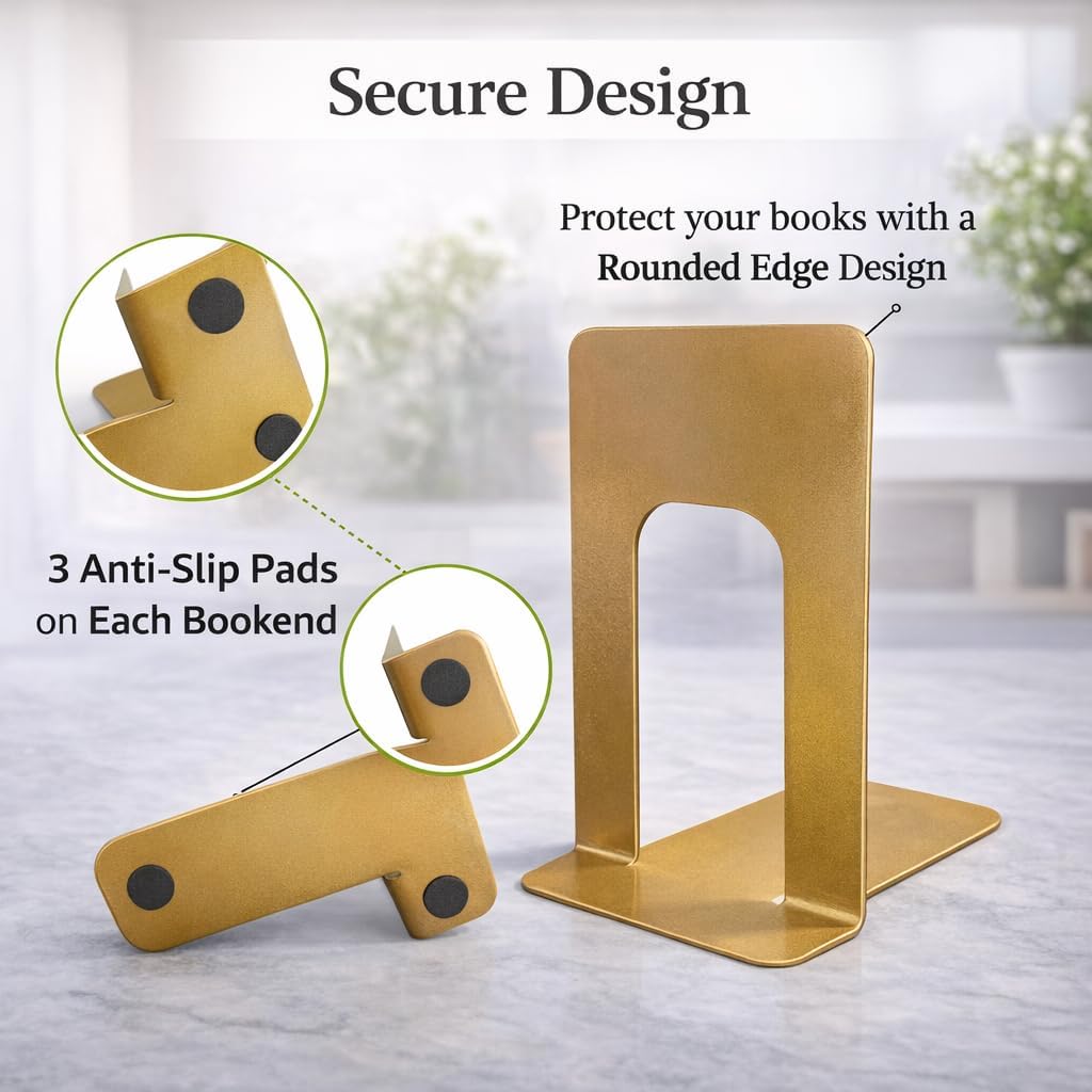 Heavy Duty Metal Bookends Supports Heavy Books / Gold 3 Pairs