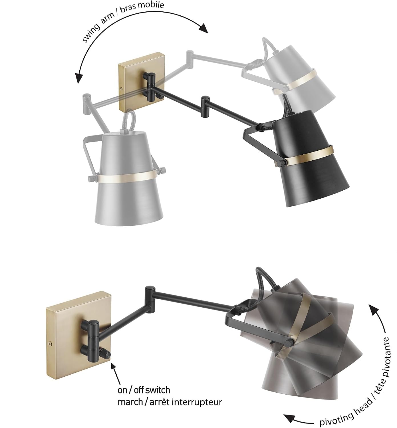 Globe Electric 51345 1-Light Plug-in or Hardwire Swing Arm Wall Sconce, Matte Black, Brass Accents, 6ft Woven Fabric