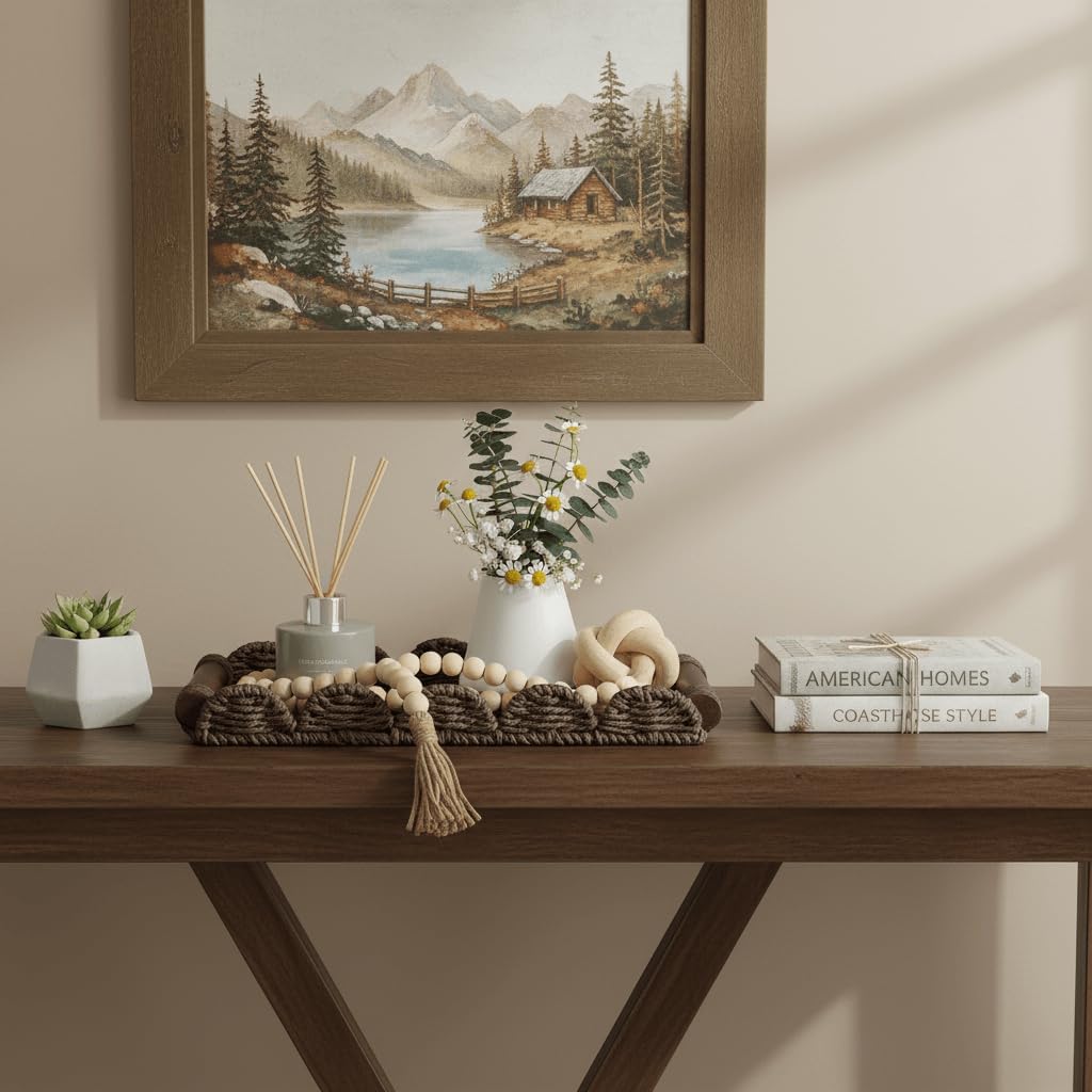 Scalloped Decorative Tray w/Wood Handle for Counter / Brown / 13 x 6.3 x 1.6