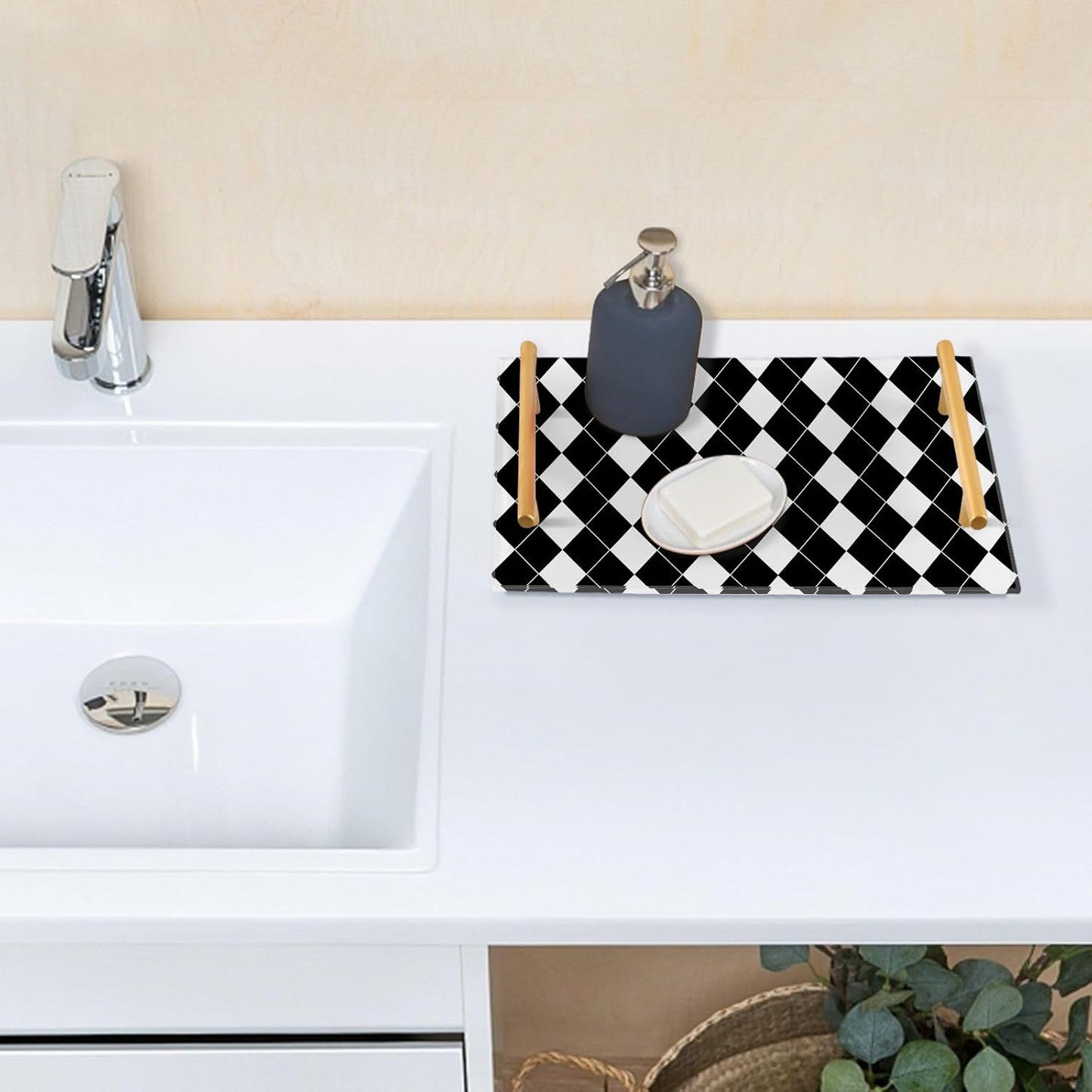 Black White Checkerboard Bathroom Tray Vanity Trays Decorative / Black White Harlequin Pattern