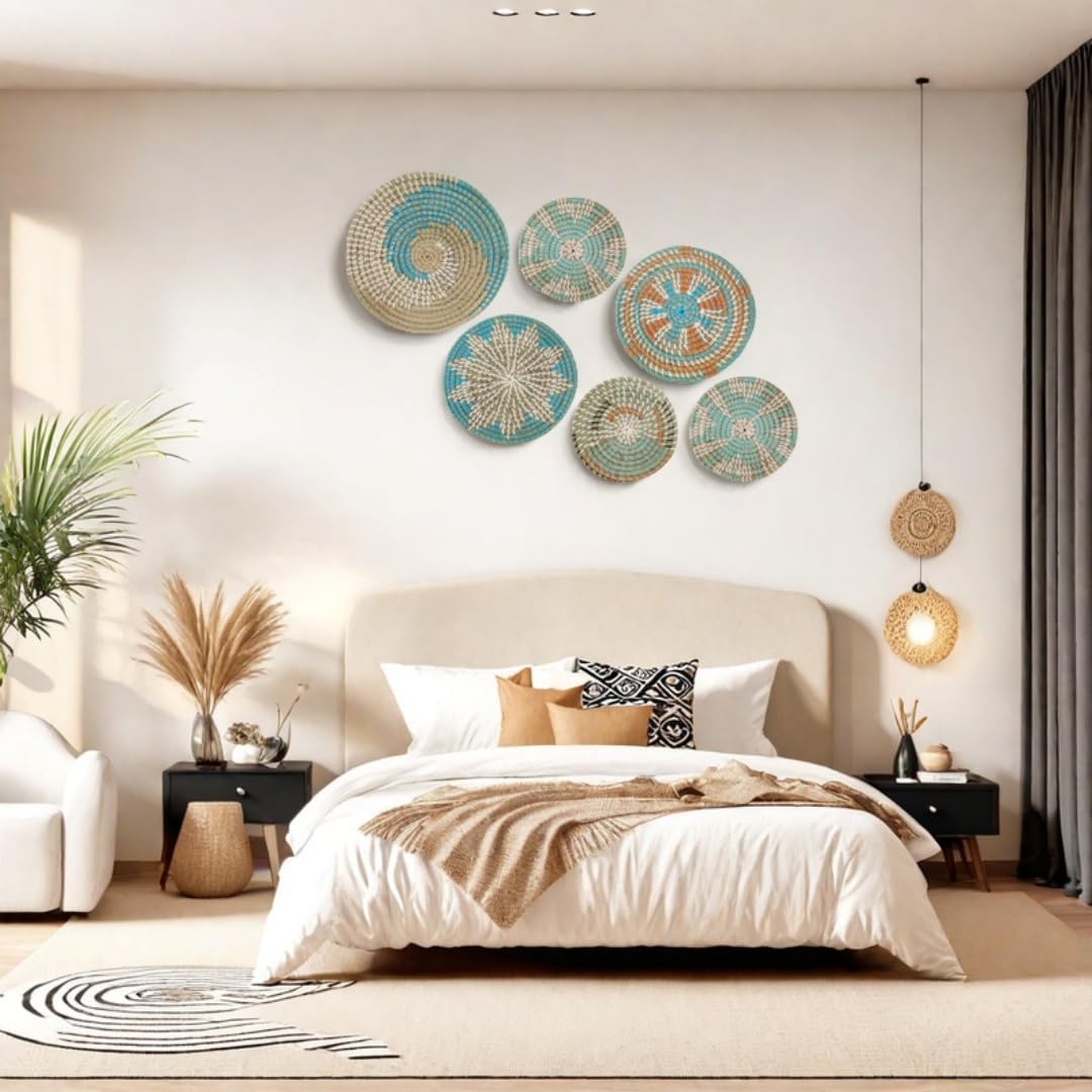 Boho Wall Basket Decor- Rattan Wicker Wall Basket Decorative Round Handmade Hanging / Set of 6