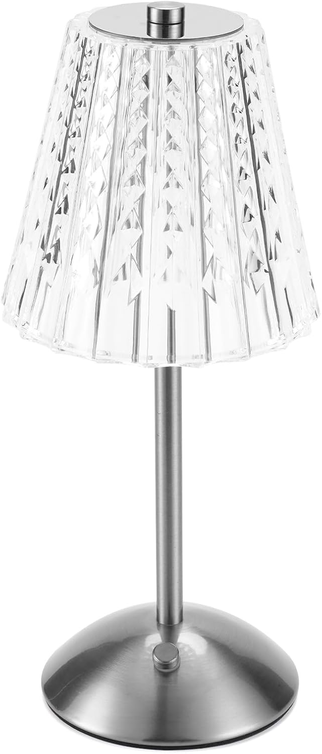 Nusogon Cordless Touch Table Lamp, LED Rechargeable Small Dask Lamp | 3 Colors Dimmable Silver Battery Operated Crystal