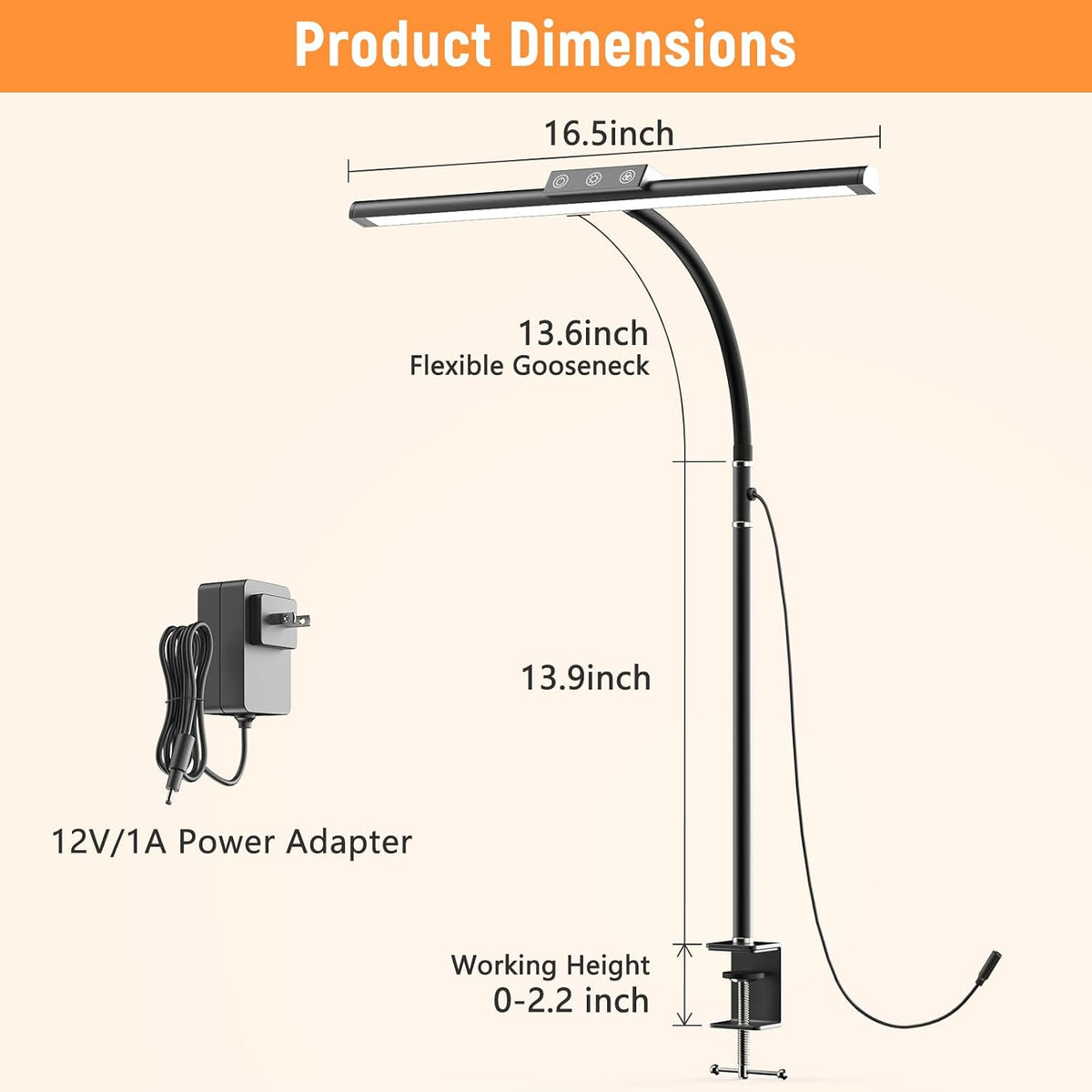 LED Desk Lamp for Home Office, Flexible Gooseneck Desk Lamp with Clamp, 5 Color Touch Control Stepless Dimming