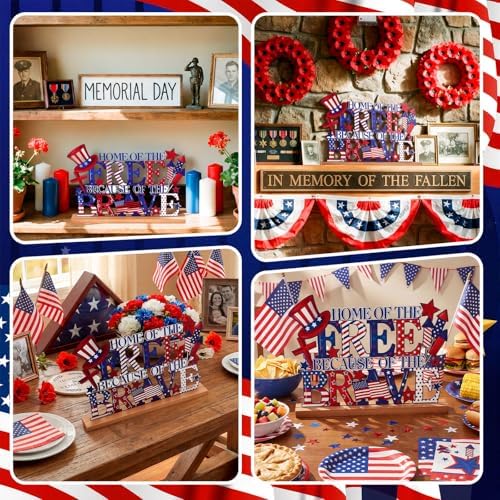 Cinnvoice Patriotic Memorial Table Decorations 11.8 Inch Metal 4th of July Sign Red White and Blue 250th Centerpieces with Wooden Base for Americana Veterans Day Party Supplies Shelf Office Home