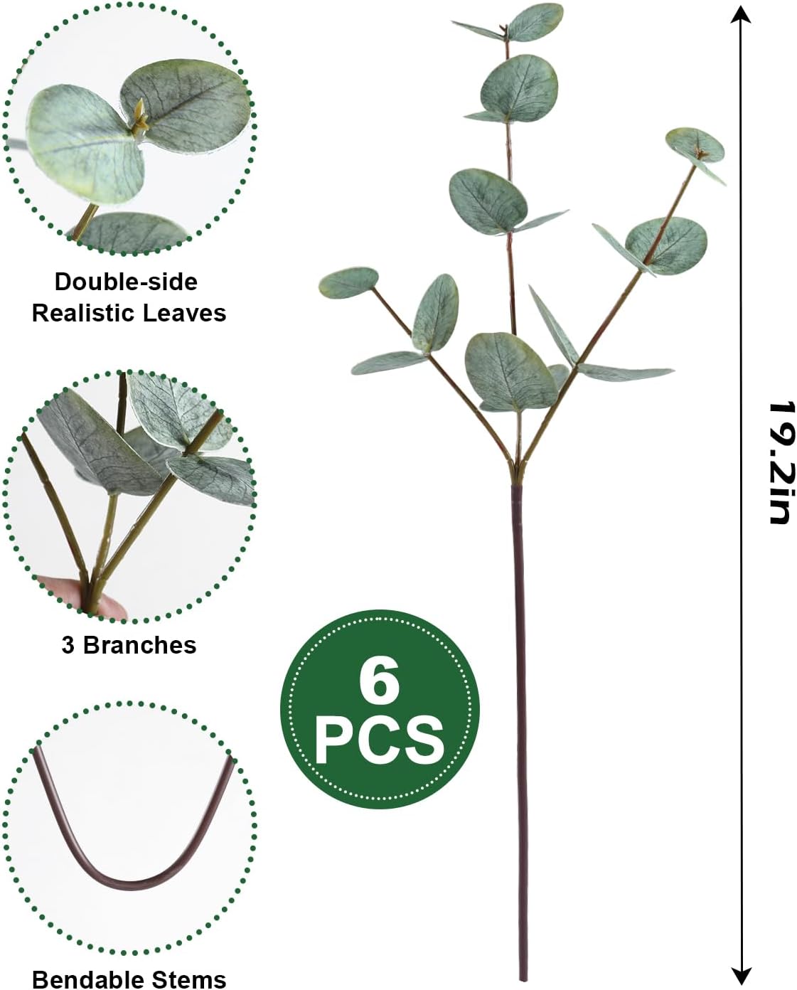 Dual-Sided Real Touch Eucalyptus Plants / Gray Green / Set of 6