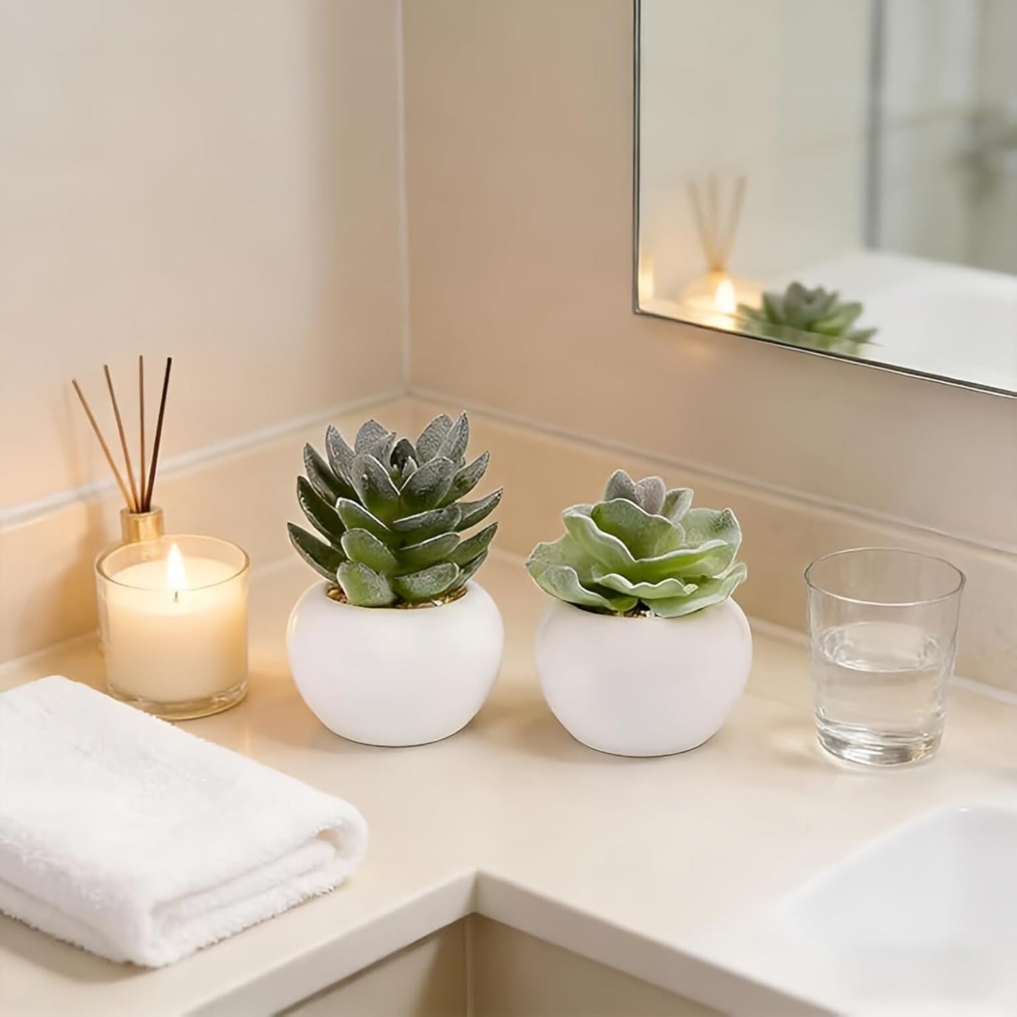 Mini Artificial Succulents Plants in Ceramic Pots Small Fake / Green-ceramic White Pot / Set of 6