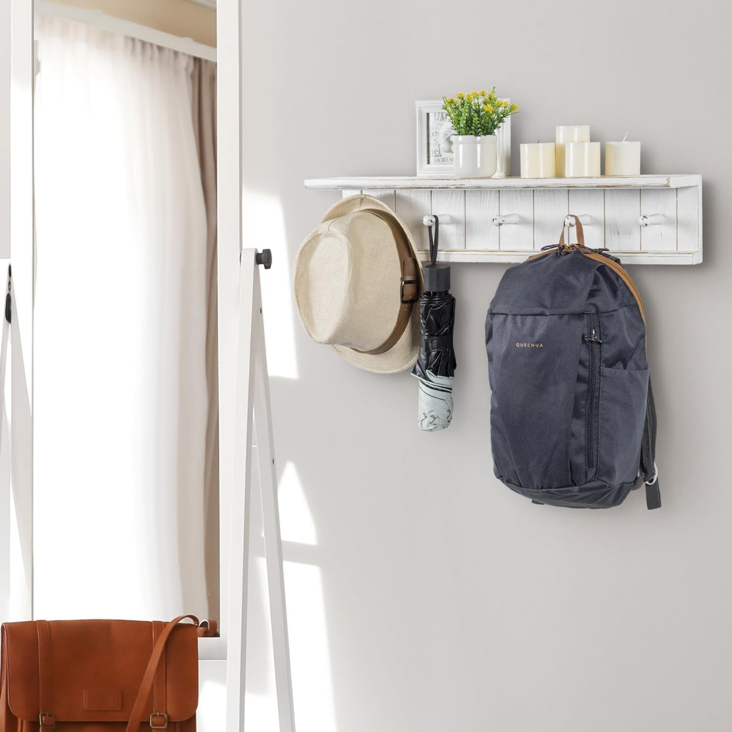 MyGift Wall Mounted White Wood Bathroom Shelf with 5 Hooks Towel Rack | Open Display Shelving with Five Hanging Pegs