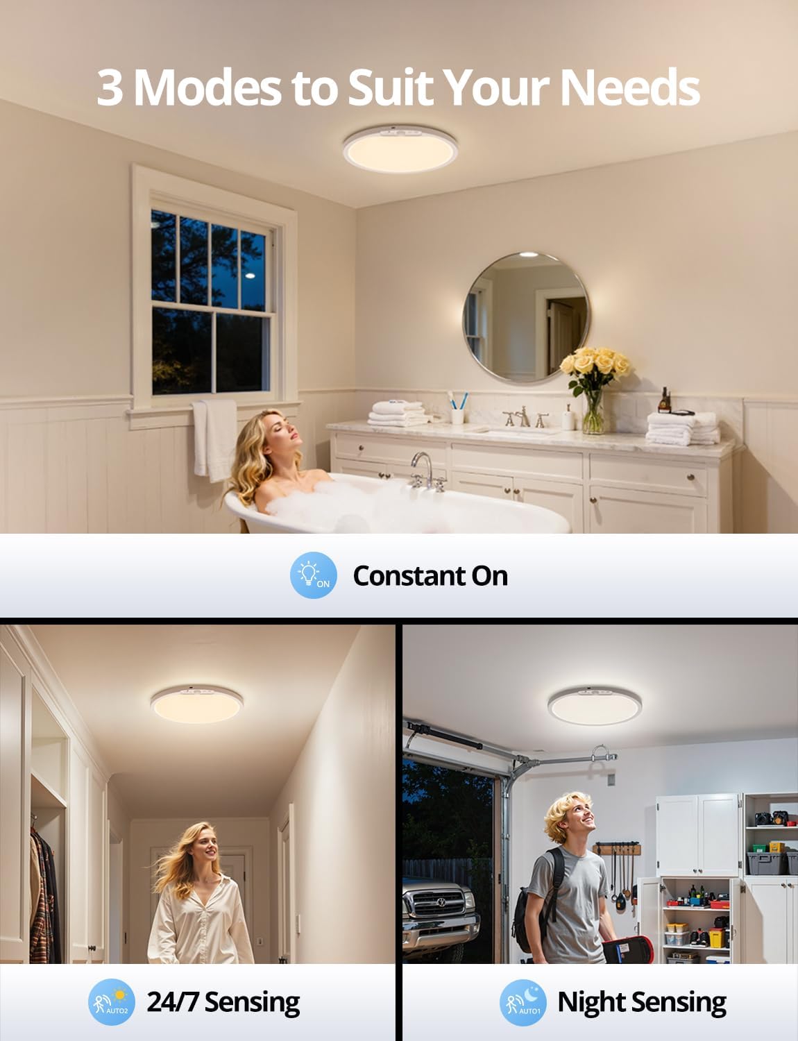 Rechargeable Battery Operated Ceiling Light for Shower Inside Wireless, 80 Day Battery Life Powered 11.8Inch Bright
