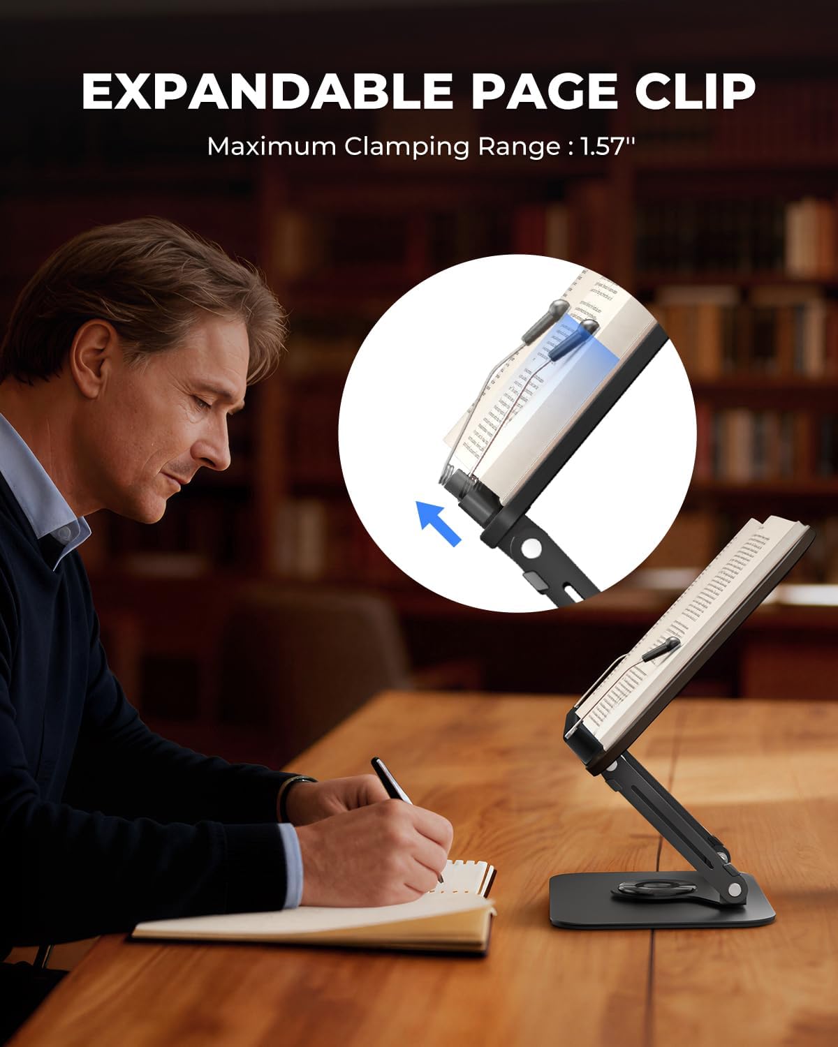 Viozon Book Stand for Reading,Book Holder, Height&Angle Adjustable, 360° Rotating Base, Foldable and Portable