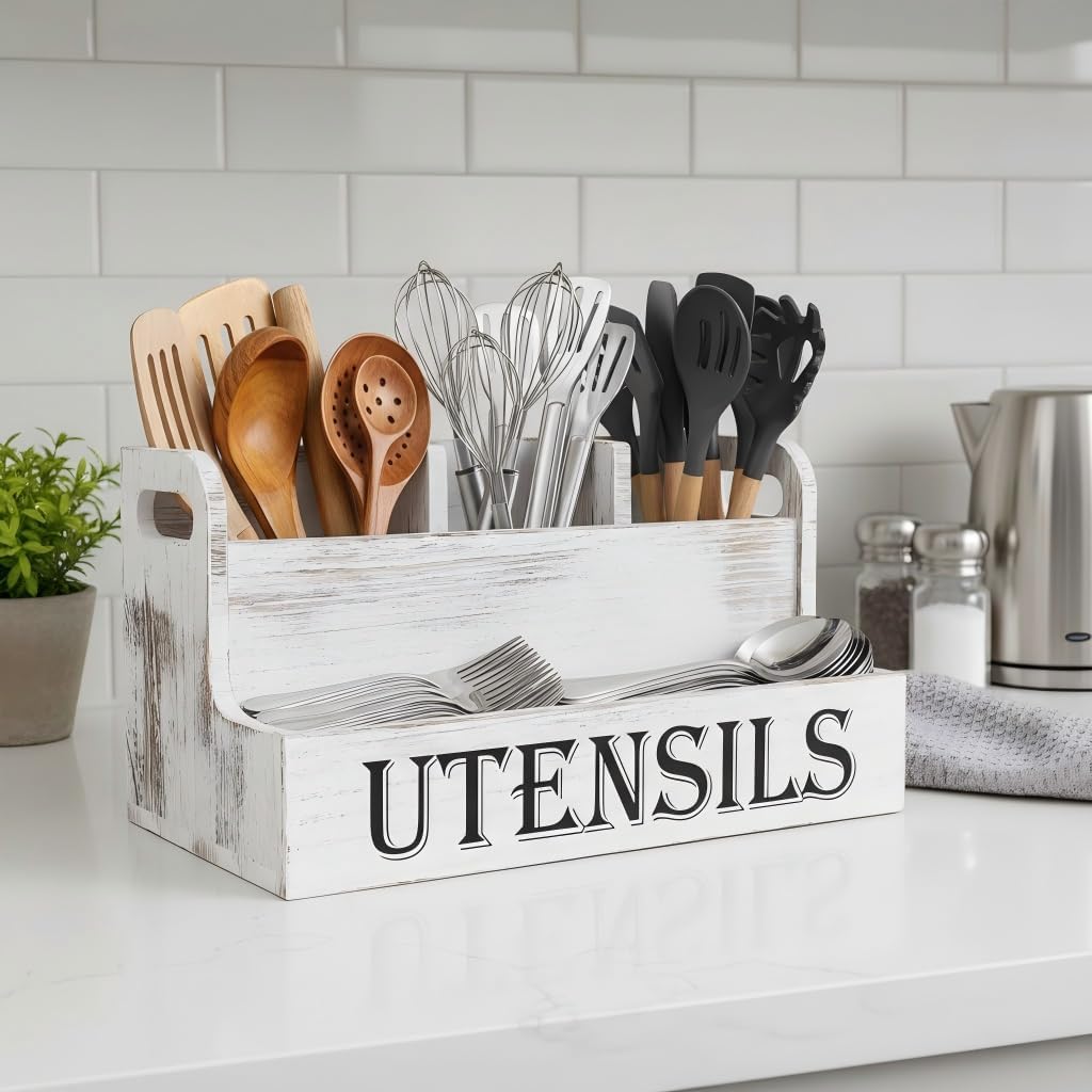 Suli Extra Large Kitchen Utensils Holder, 2 Tier, 4 Compartments | Wooden Utensil Organizer for Kitchen Countertop