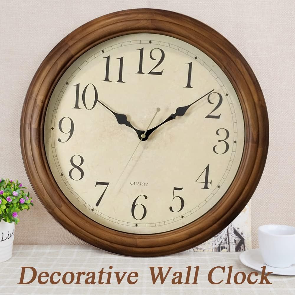 CHIRAY 16-Inch Solid Wood Silent Non-Ticking Decorative Wall Clock with Large Arabic Numerals Battery Operated Analog