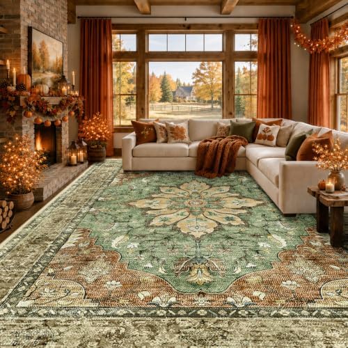 RELEANY Washable Area Rug, 8'x10', Brick/Brown/Green