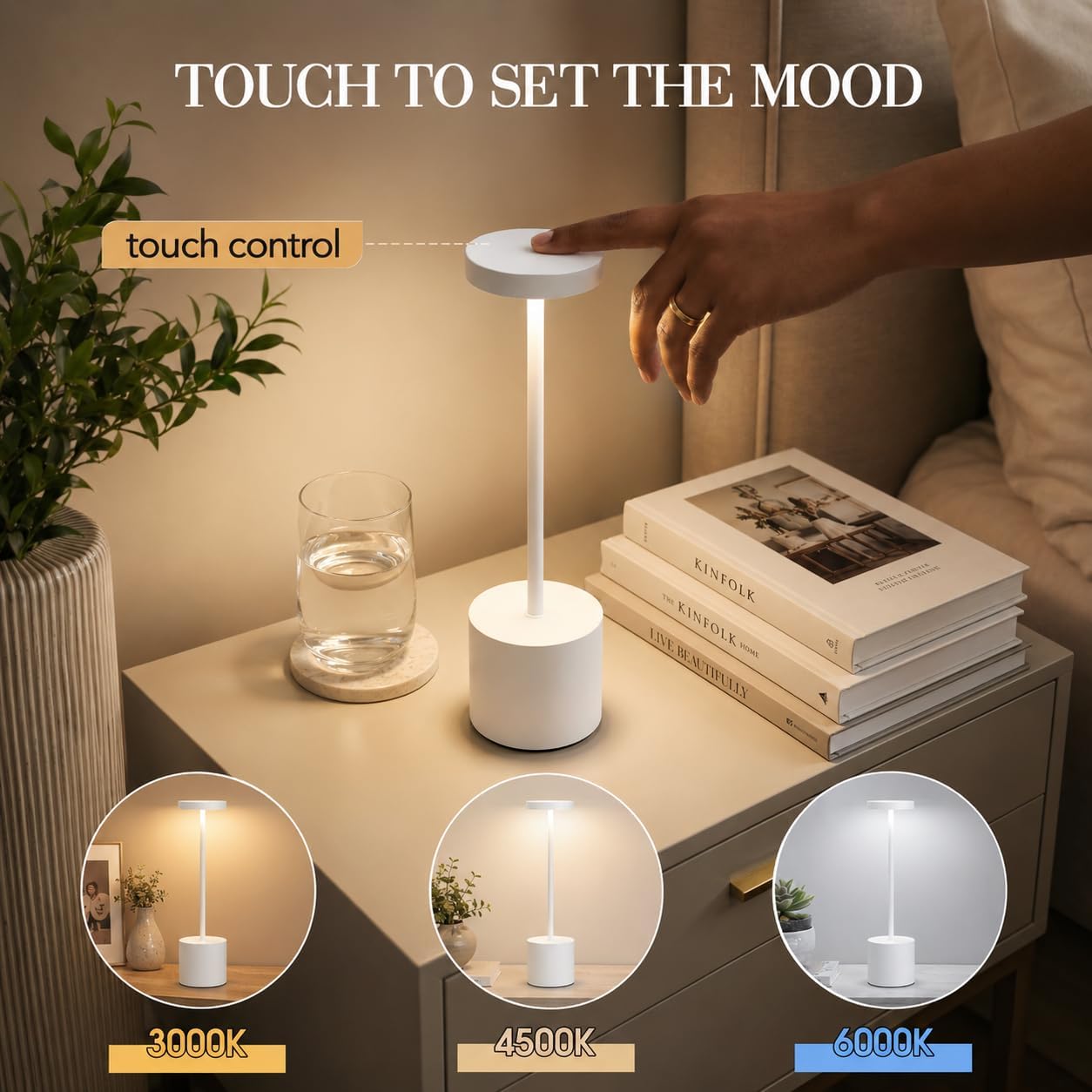 AUDLES White Cordless Table Lamp Set of 2, USB Rechargeable Touch Dimmable | Desk lamp with 3 color temperatures, touch