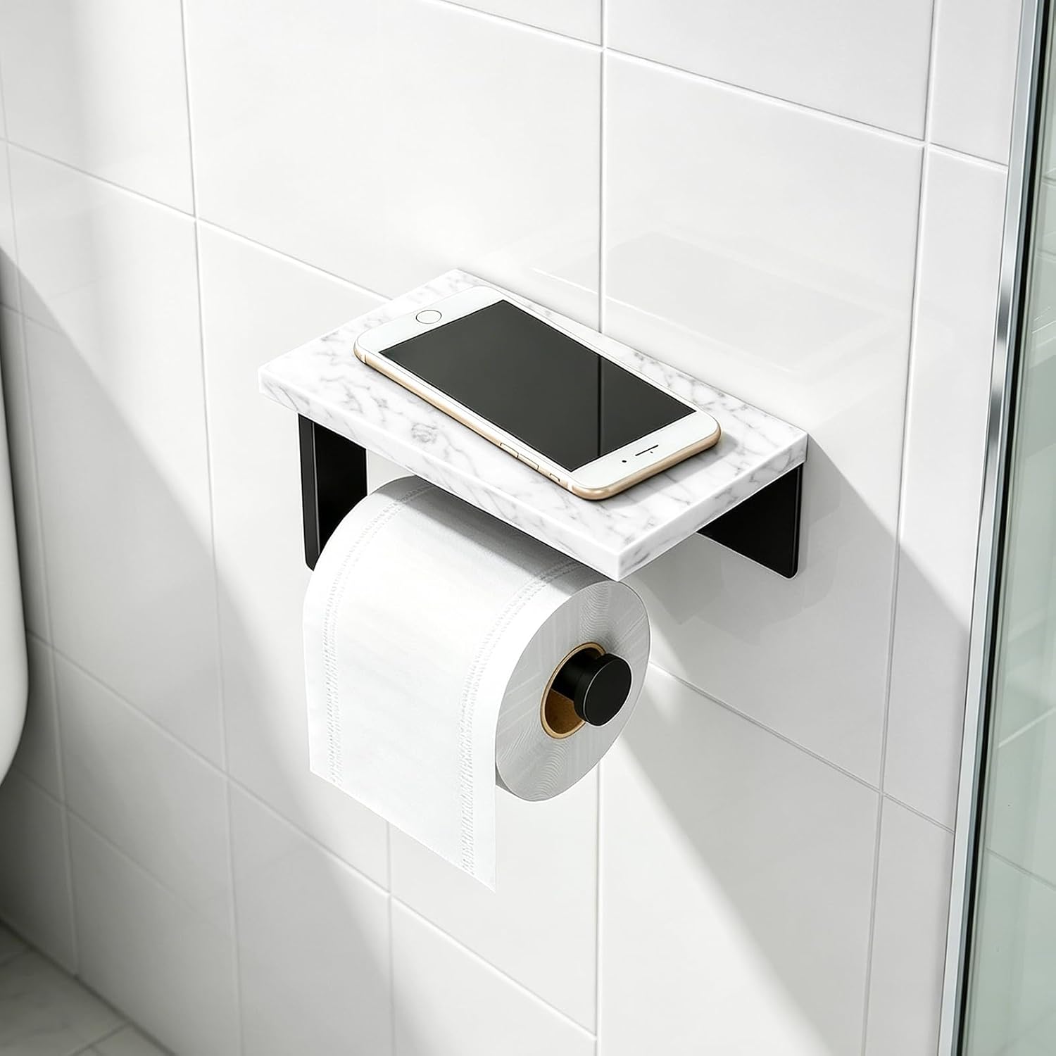 Gypie Marble Toilet Paper Holder with Shelf, Wall Mounted Matte Black | Stainless Steel Tissue Roll Paper Holder