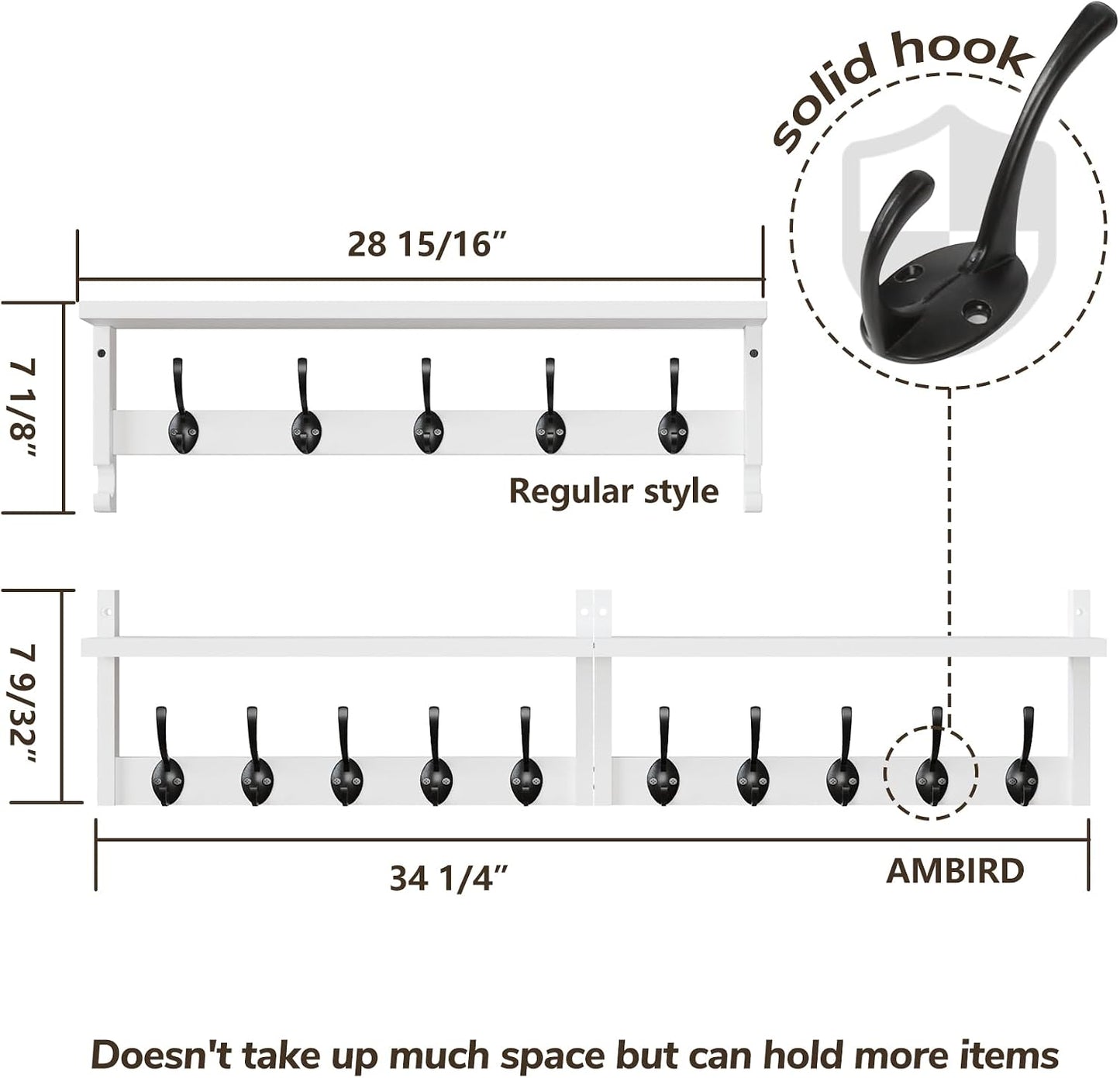 AMBIRD 34.2" L Wooden Wall Coat Hooks with Shelf - Versatile and Decorative Wall-Mounted Storage - 10 Hooks for Hanging