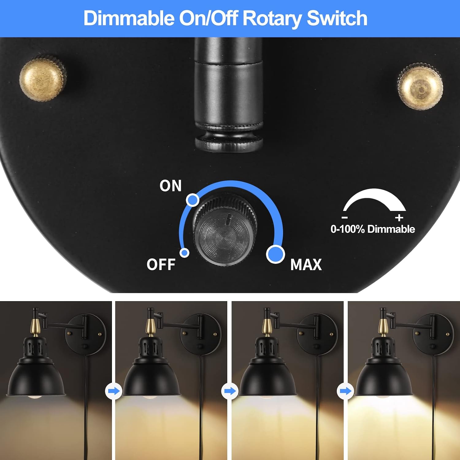TRLIFE Plug in Wall Sconces, Dimmable Wall Sconces Retractable Swing Arm Wall Lamp with 6FT Plug in Cord and Dimmer