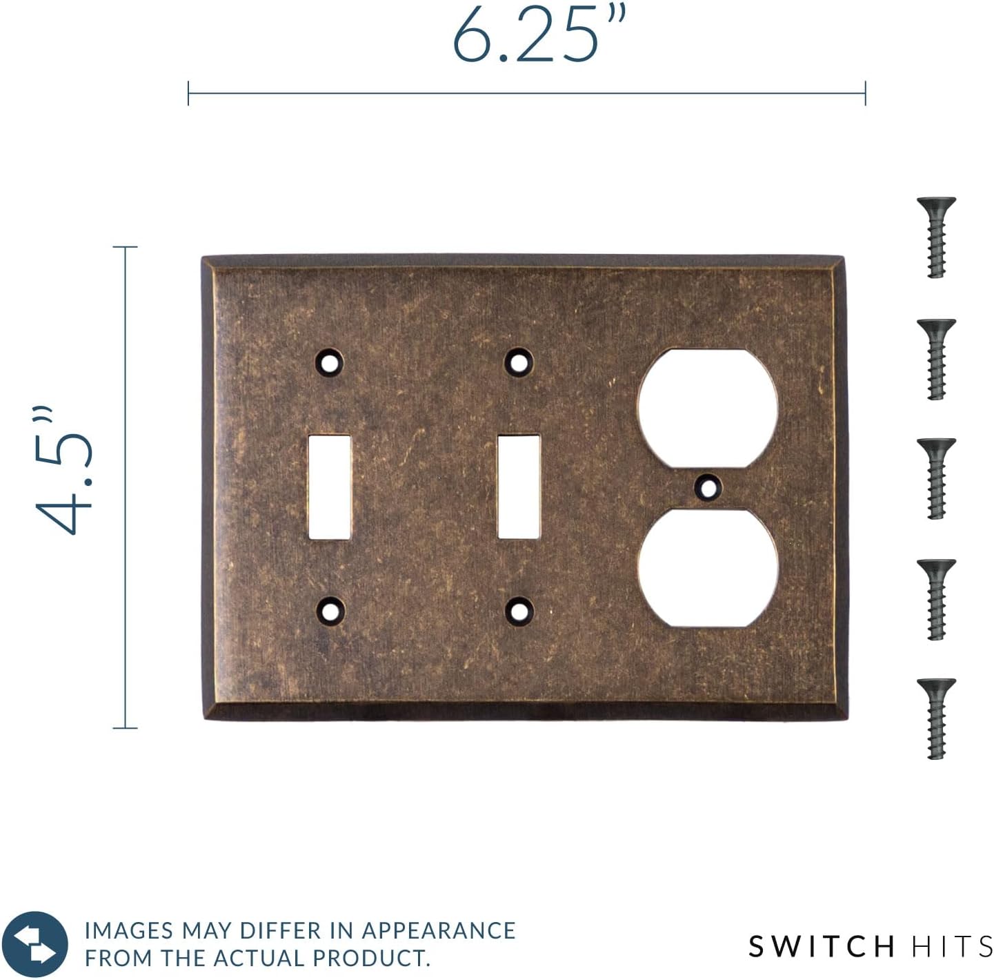 Double Light Switch Plate Outlet Cover GFCI Wall Plate | 2 Toggle - 1 Duplex Mottled Antique Brass Electrical Faceplate