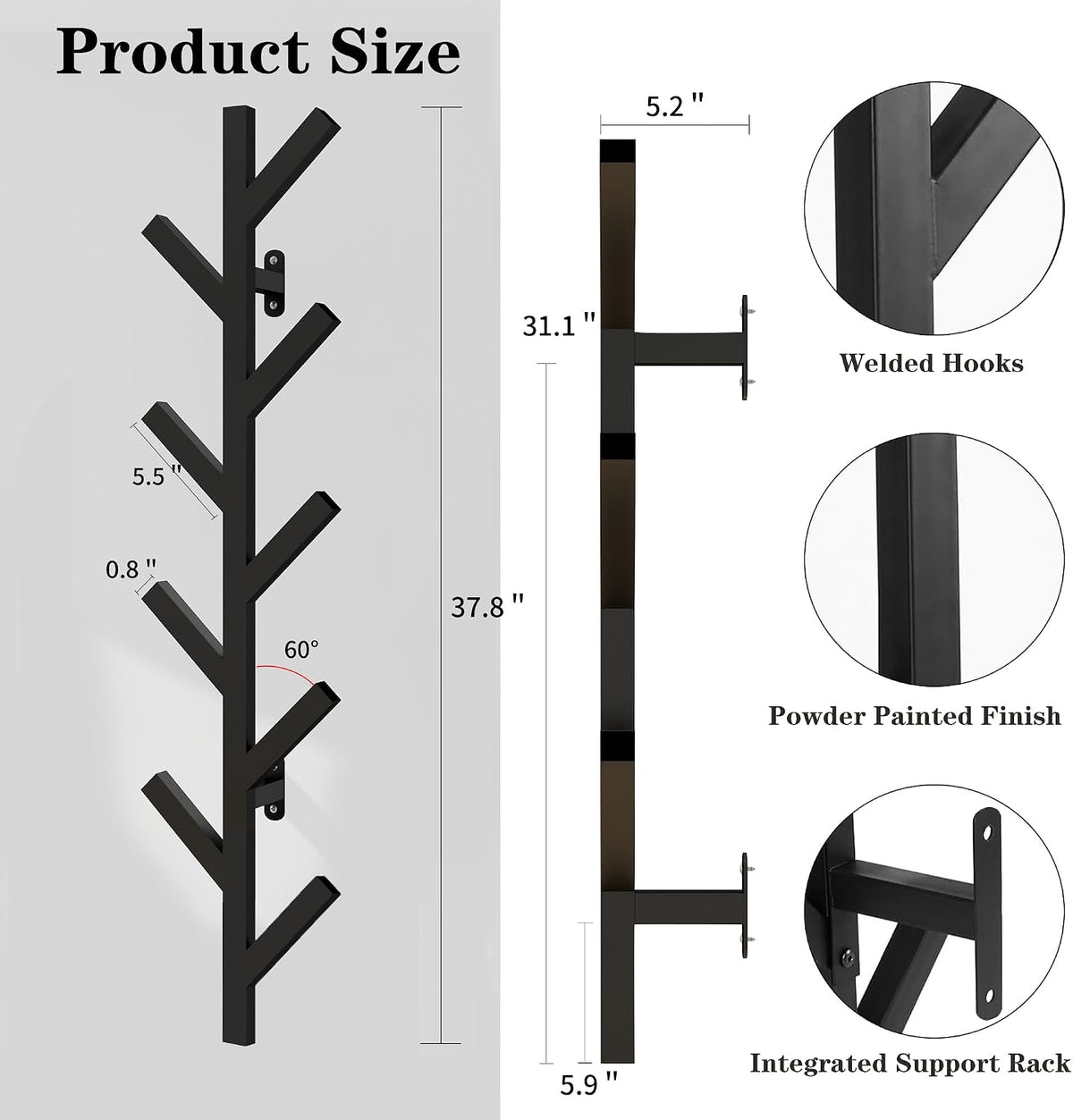 Prywot 2PK Vertical Hat Rack, Metal Coat Rack Wall Mounted, Black, 37.8" | 9 Hooks, Space-saving wall-mounted design