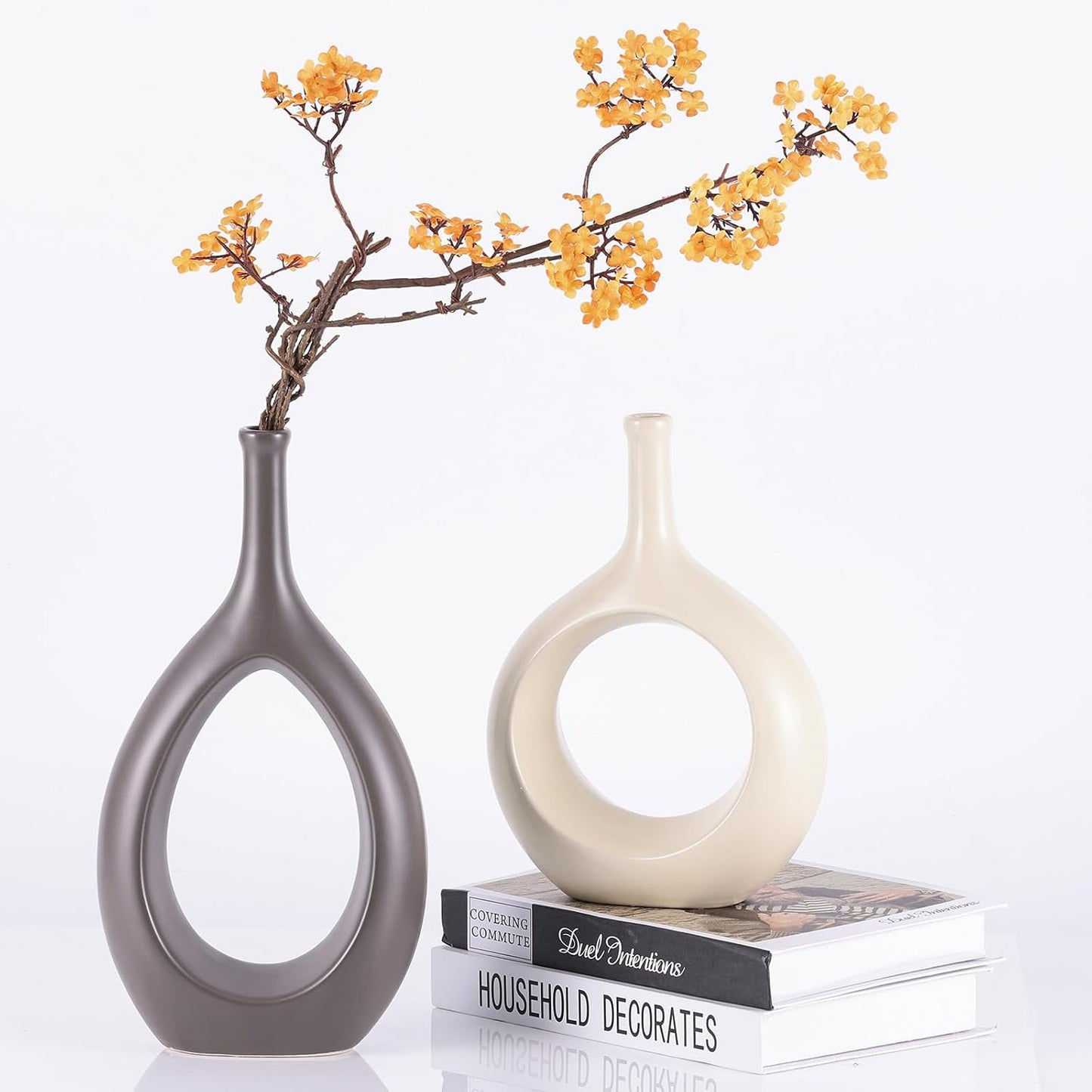 Brown White Vase Ceramic Off White Vases Home Decor / Beige and Brown