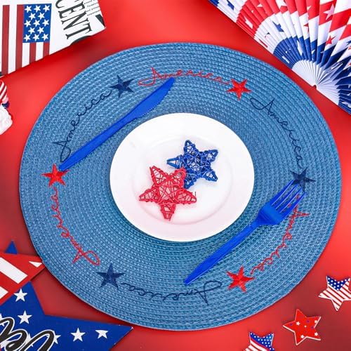 Whaline 4Pcs Round Patriotic Placemats Stars Embroidered Place Mats 4th of July Dinner Table Mats for Independence Day 250th Anniversary Home Birthday Party Decor