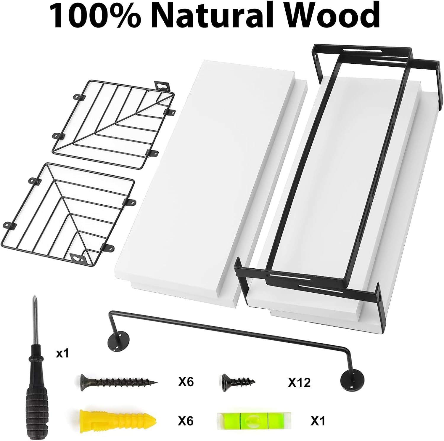 Fixwal Wall Mounted Bathroom Shelves Over Toilet (3+1 White) | Wall Shelf with Basket Storage , Towel Bar, Solid Wood