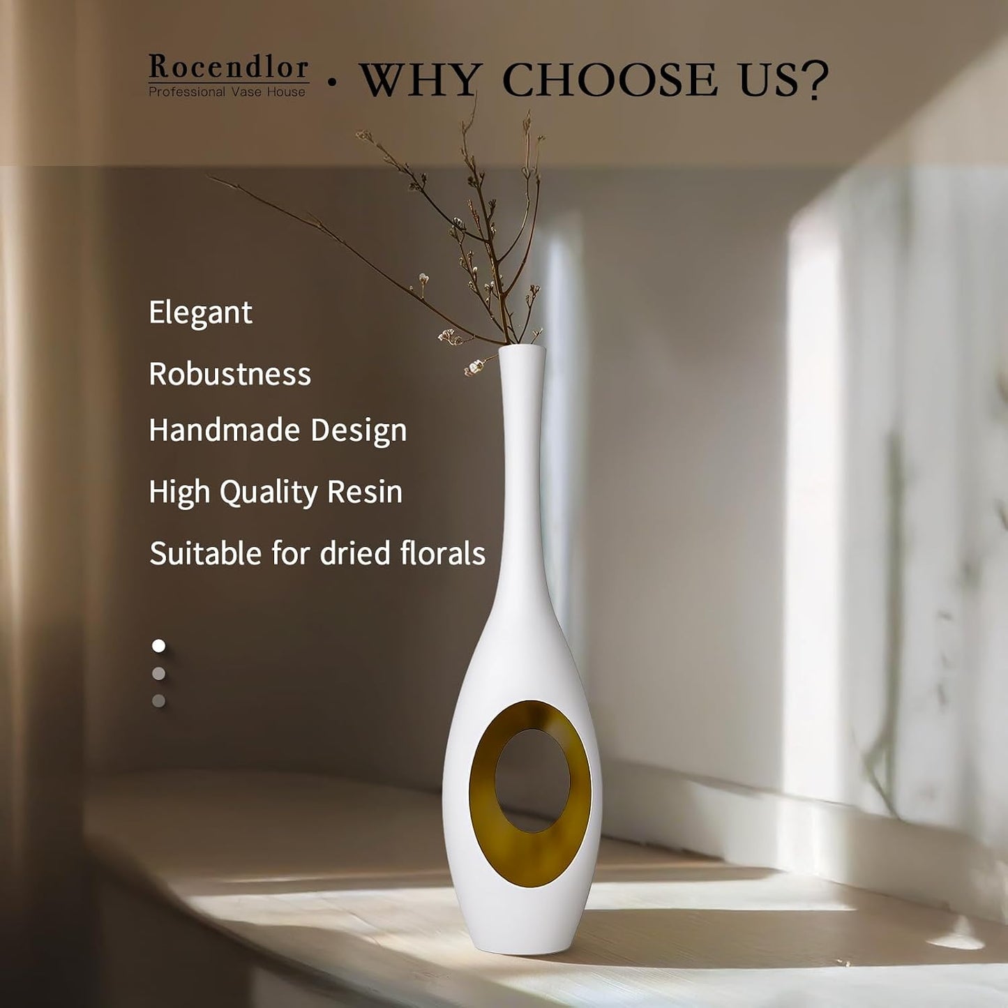 Modern Oval Floor Vase / White & Gold / 23.6in