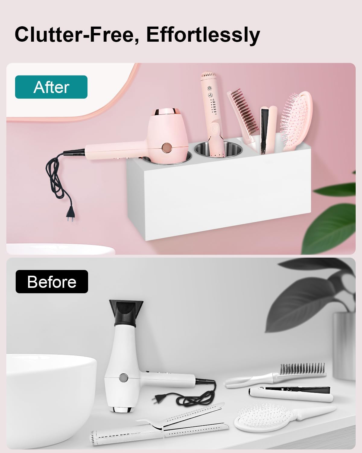 Hair Tool Organizer, Hair Dryer Holder with Heatproof Steel Cups, Acrylic Vanity Organizer for Curling Iron, Flat Iron