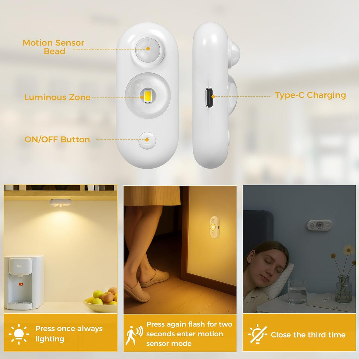 6 Pack LED Motion Sensor Puck Lights, Small Rechargeable Under Cabinet Lights, Dimmable Warm White Closet Lights