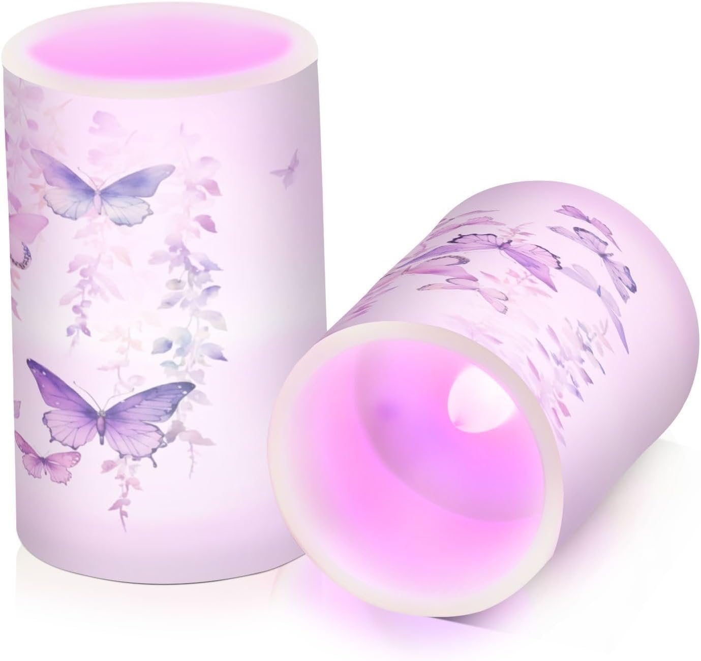 Flickering Flameless Candles, Butterflies Purple LED Candles with Remote Timer, Set of 2 Battery Operated Candle for