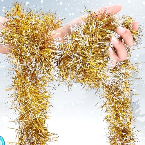 Shappy 90 ft 6 Rolls Christmas Tinsel Garland for Tree, Gold Frosted Tip