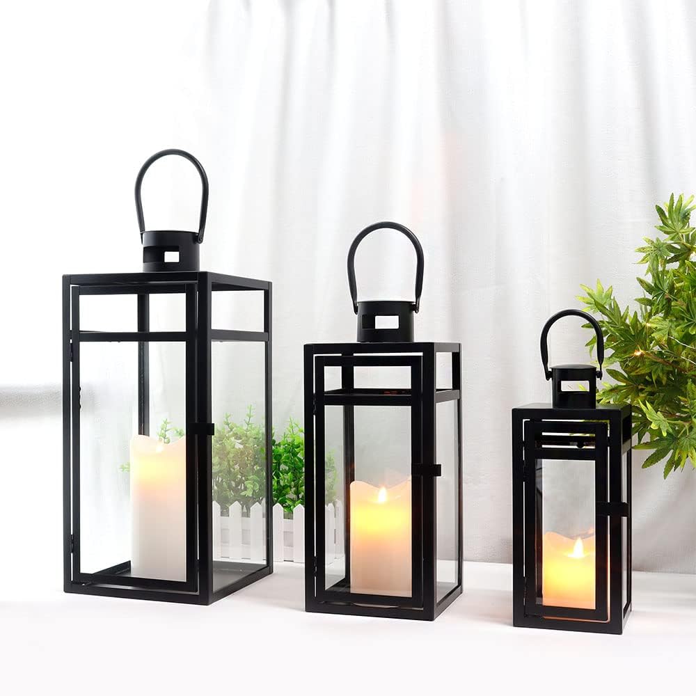 TRIROCKS Stainless Steel Lantern Set of 3 - Assorted Sizes (12/15/19 Inch) - Tall Metal Hanging Lanterns with Clear