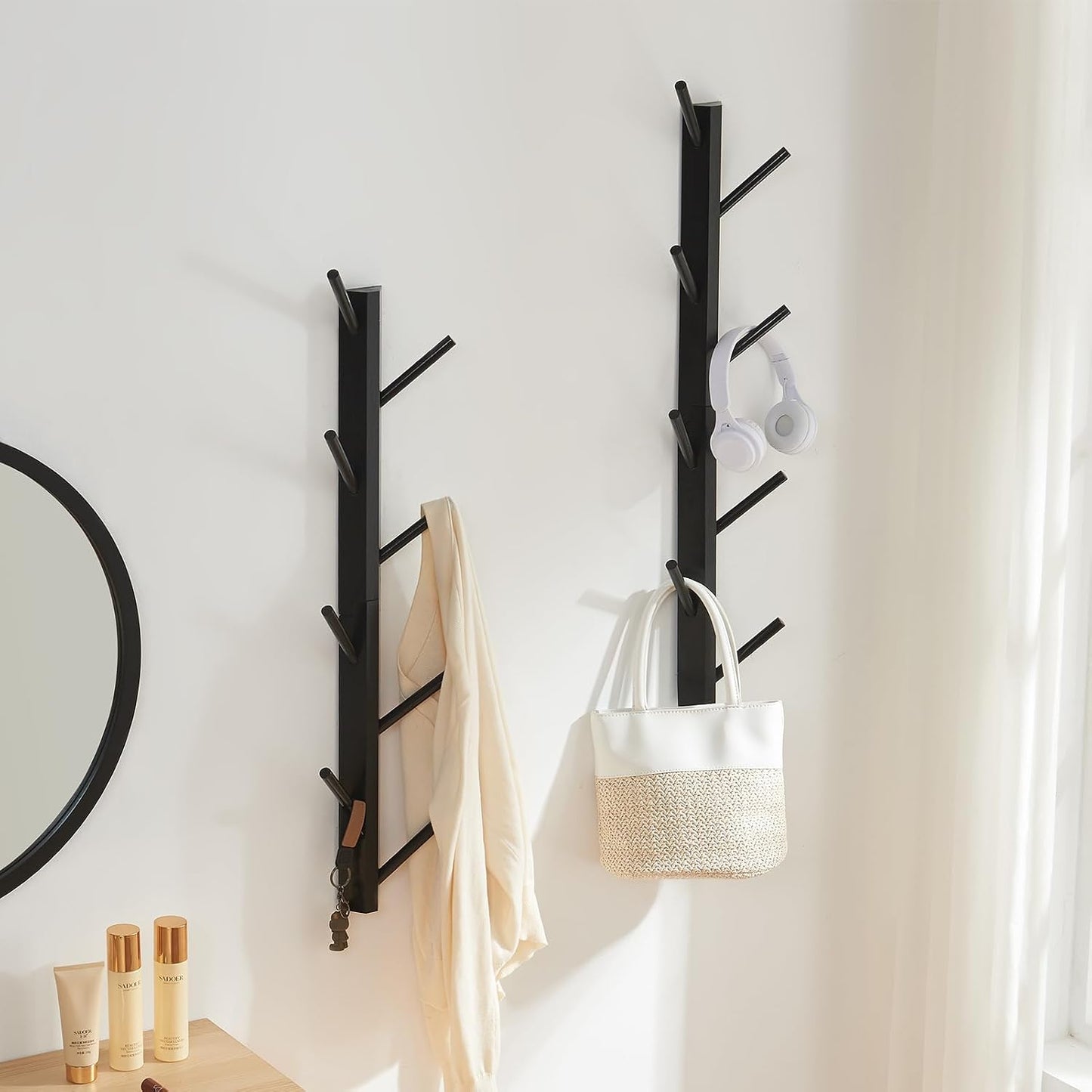 2-Pack Vertical Wall Mount Coat Rack for Clothes and Hats, Black | Bamboo construction, 16 polished hooks, max 50 lbs
