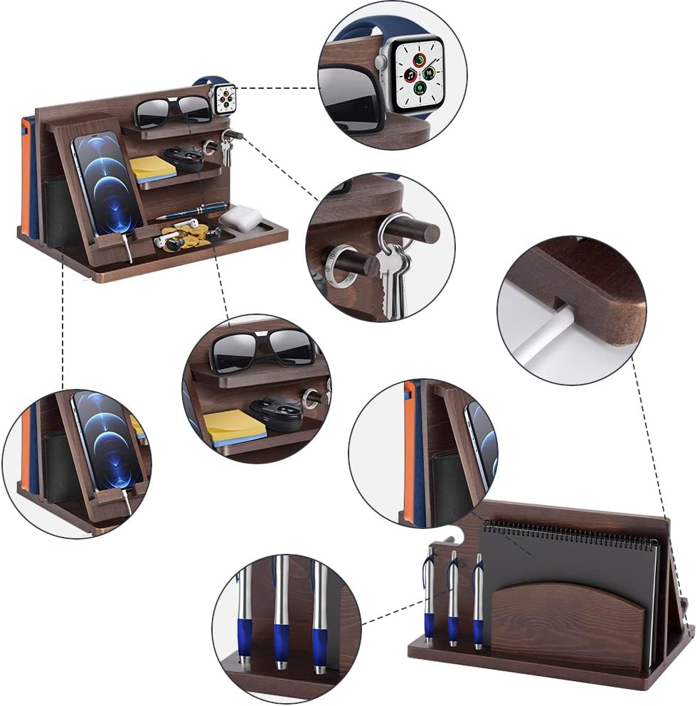 Gifts for Men Bedside Organiser Wood Phone Docking Station Dad Birthday Gifts for Him Nightstand Key Wallet Watch Stand