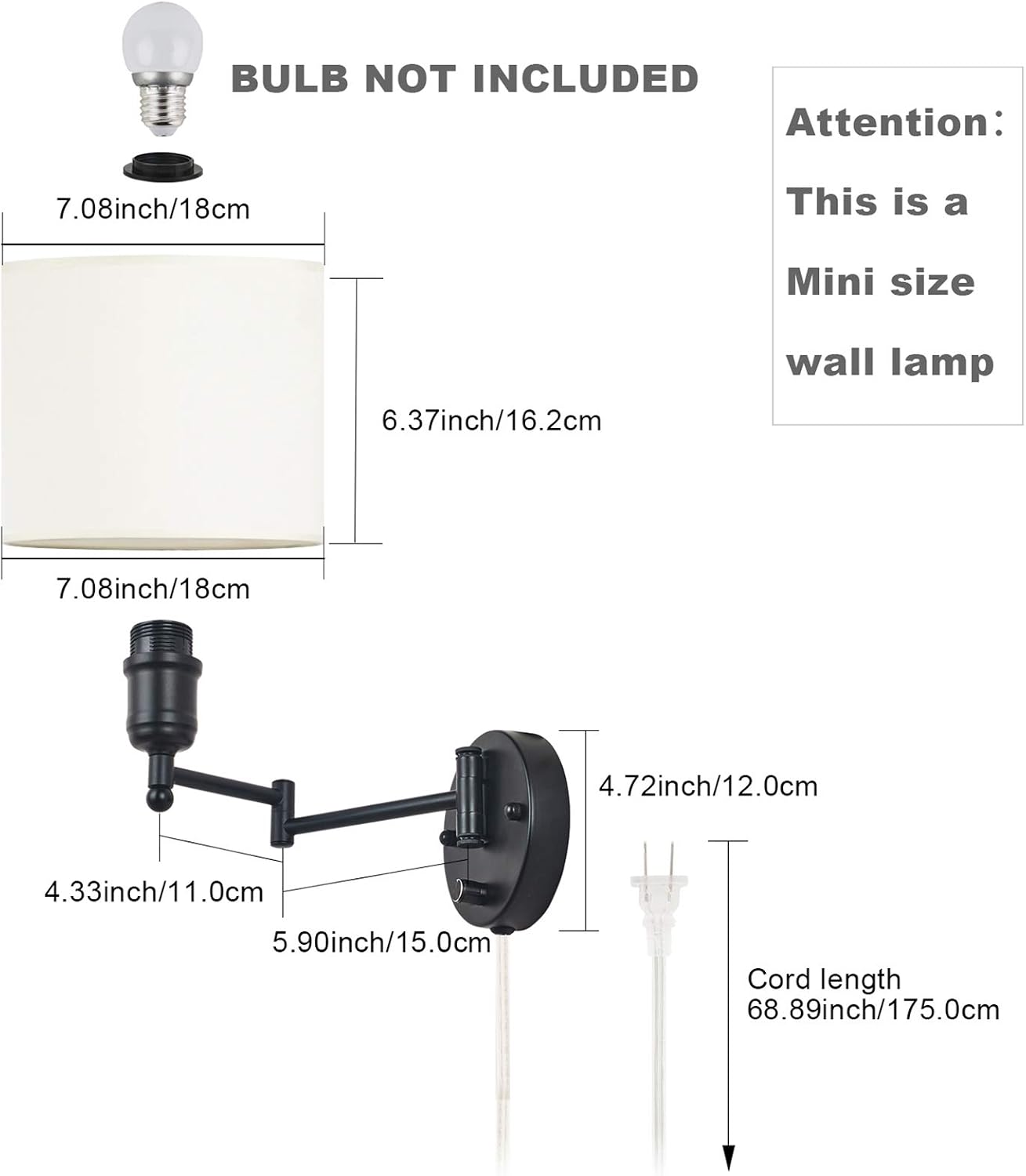 Swing Arm Wall Sconce 7" Shade Width Plug in Wall Mount Opaque Ivory Linen Shade 40W 2-Way Installation(1 Light)