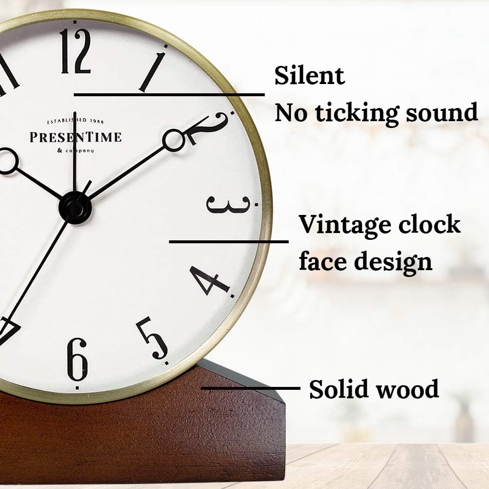 Mozart Mantel Alarm Clock | Desk & Shelf Clock, 6 x 5.5 Inch, Silent Non-Ticking, Wooden Base, Walnut Finish, Gold