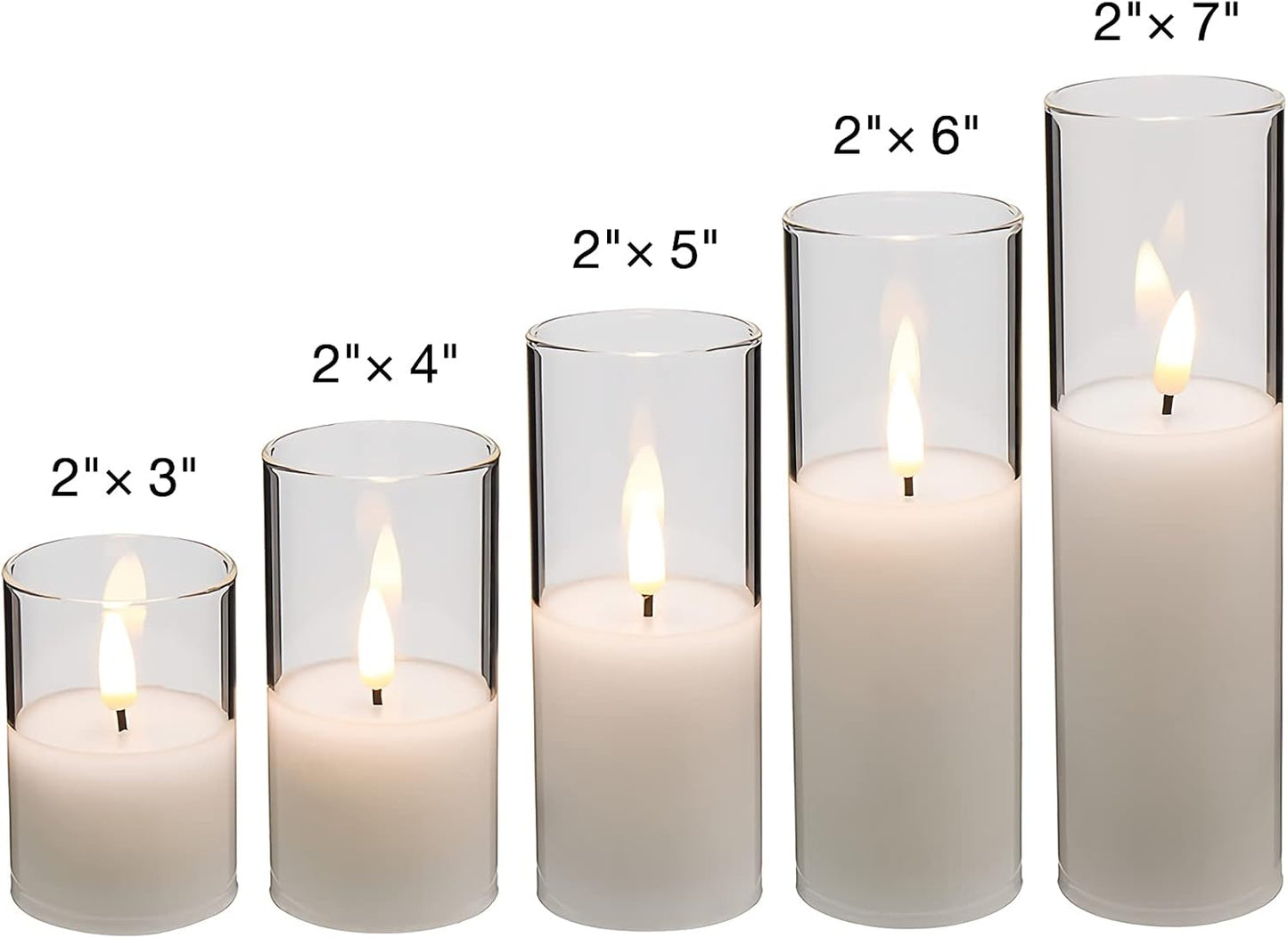 Clear Glass Fake Pillar Candles with Remote Batteries Set of 5 | Flickering Tall Flameless LED Candles, Wedding Home