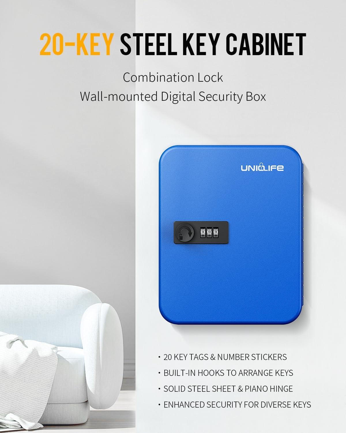Combination Lock Resettable Digital Security Storage Box Steel Key Organizer / Blue / 20 Keys