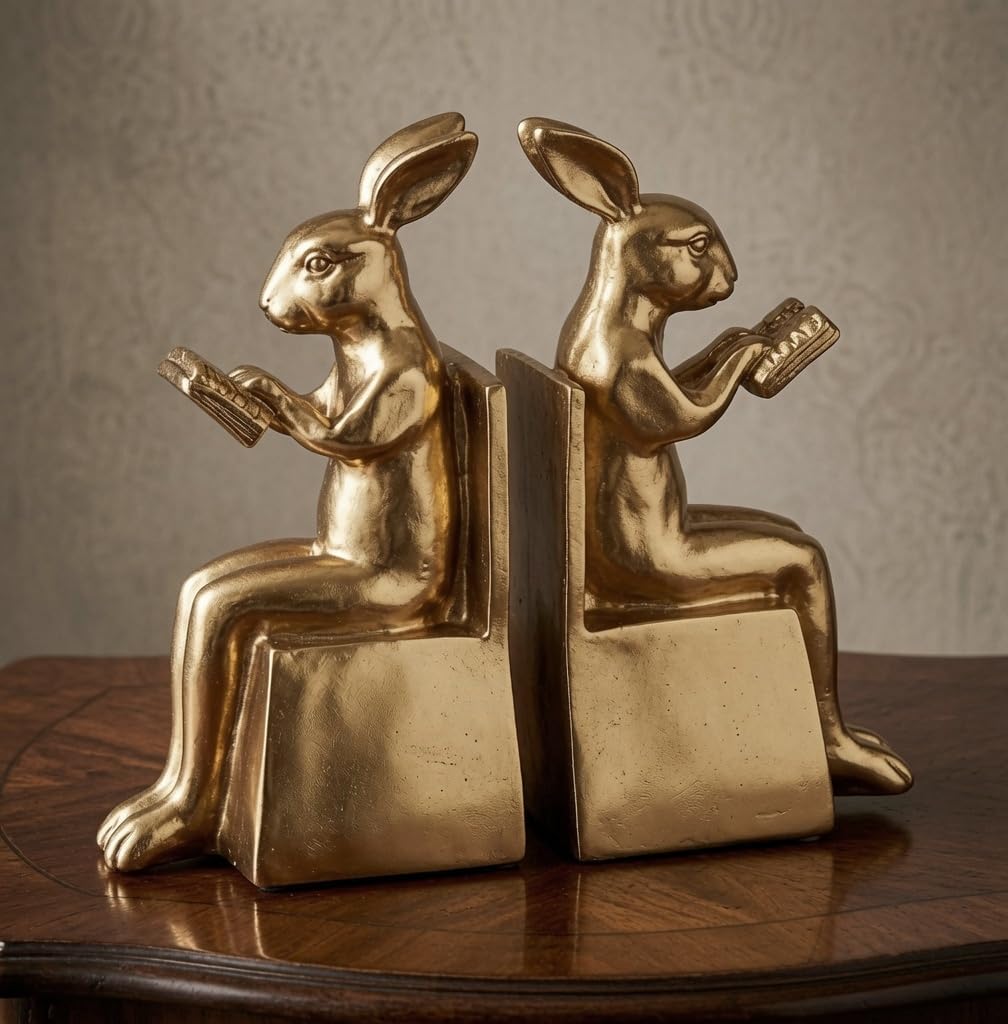 Rabbit Bookends / Studious Reading Bunny Decorative Book Ends / Gold / 7 Inch / Set of 2