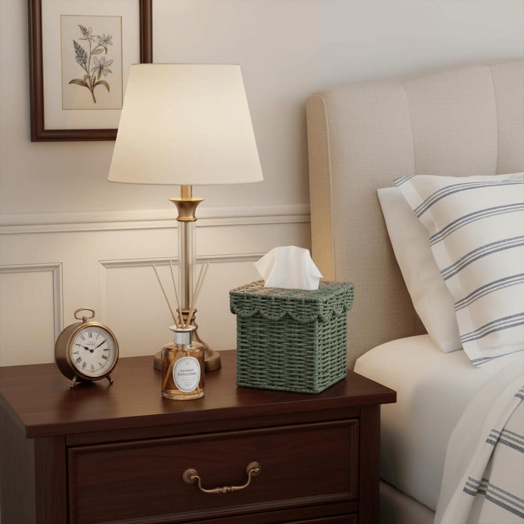 Square Wicker Tissue Box Holder Facial Tissues Boxes w/Scalloped Lid / Green
