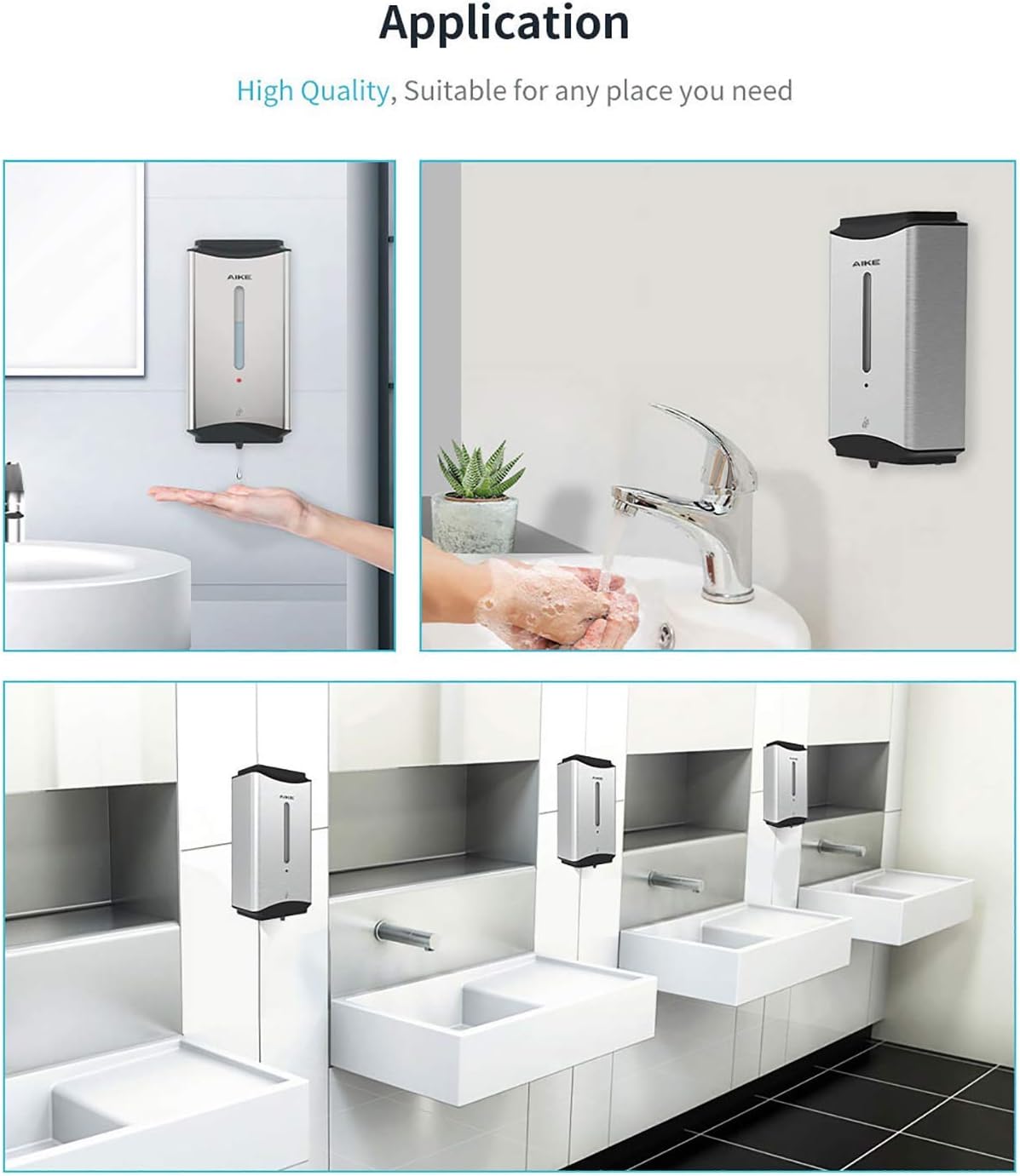 AIKE Heavy Duty Automatic Soap Dispenser,37oz for Bathroom,Polished Steel | 5-Level and Savety Key for Commercial(4*AA