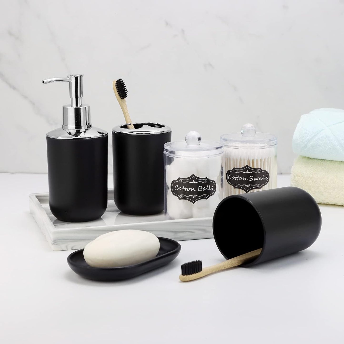 IMAVO Bathroom Accessories Set,Black Bathroom Set,9 Pieces Bathroom Accessory Set,Tray,Qtip Holders,Toilet Brush,Trash