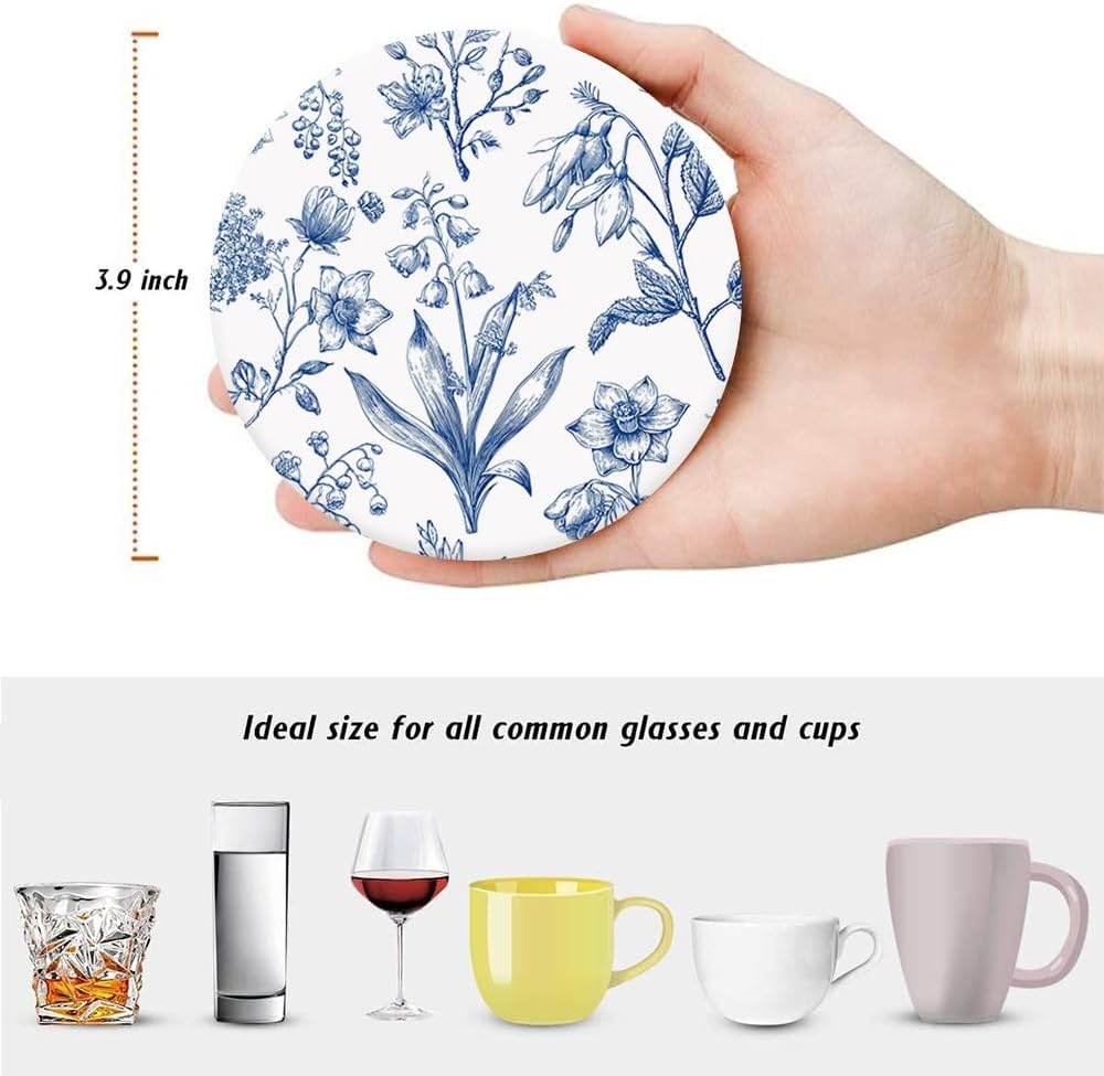 Vintage Flowers Coaster / White Blue Floral / Round / Set of 6