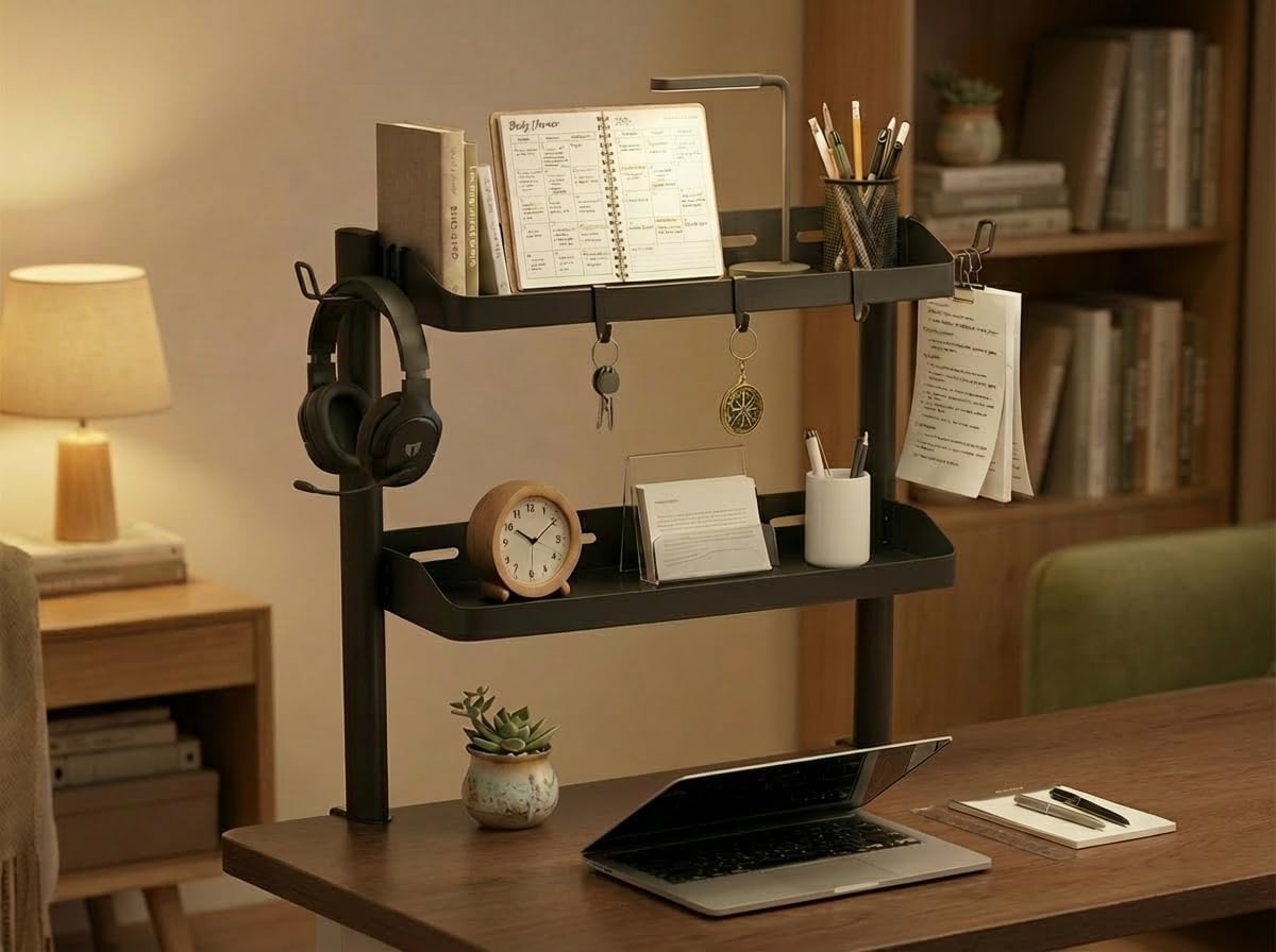 Clamp on Desk Shelf, 17in 2-Tier Office Desk Shelves Organizer, Small Shelf for Top of Desk with Headphone Holder and